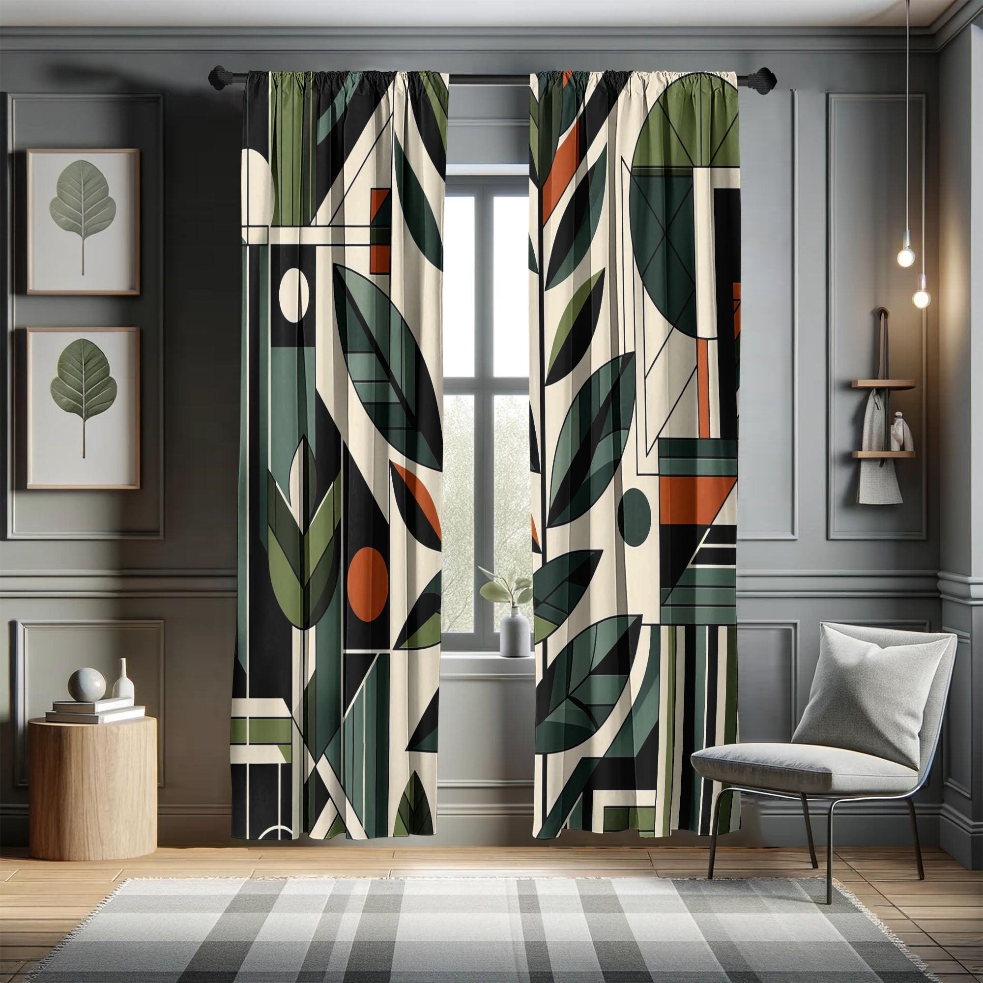 Geometric Green and Orange Microfiber Room-Darkening Curtain Panels