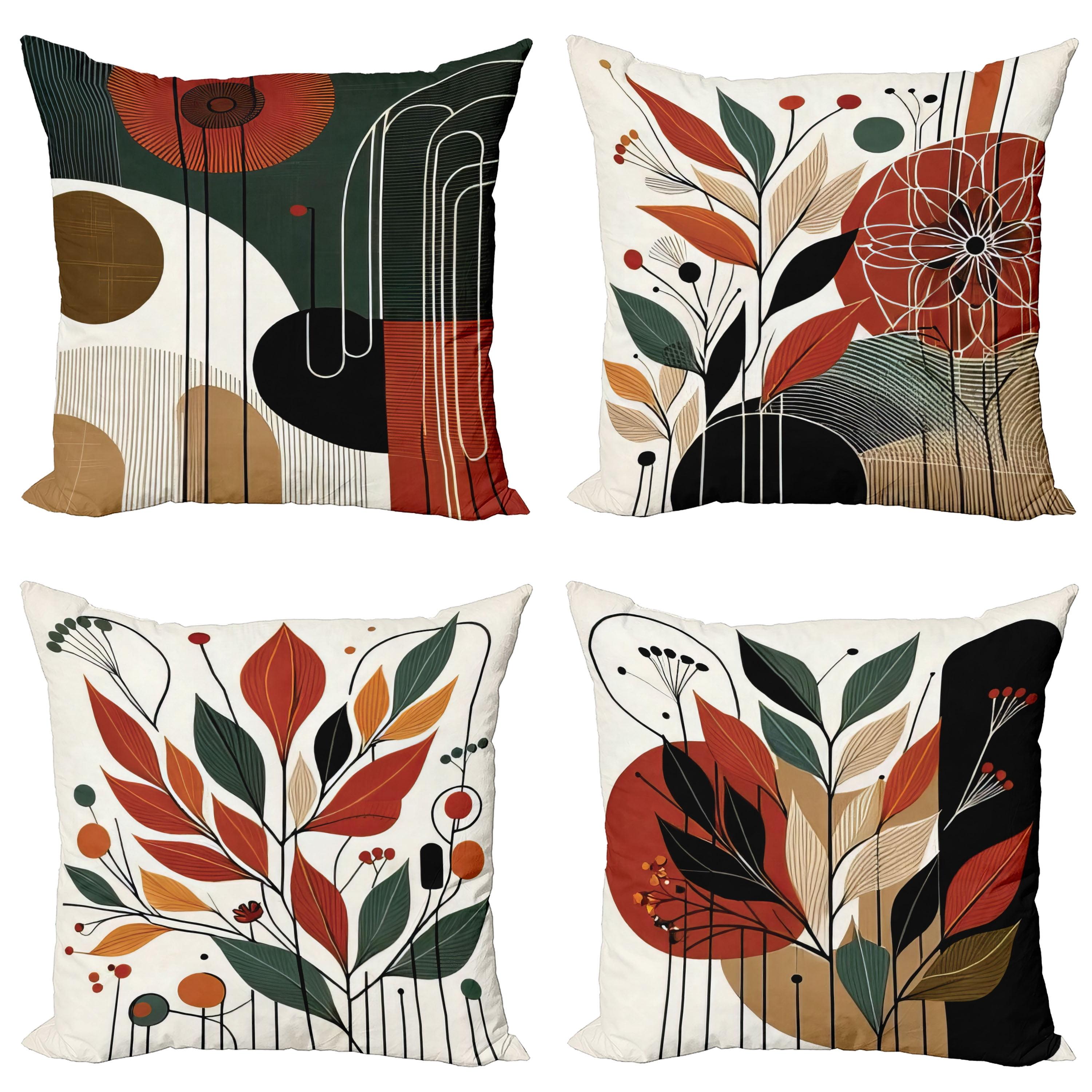 Burnt Orange and Green Botanical Boho Polyester Pillow Covers, 20" Square, Set of 4