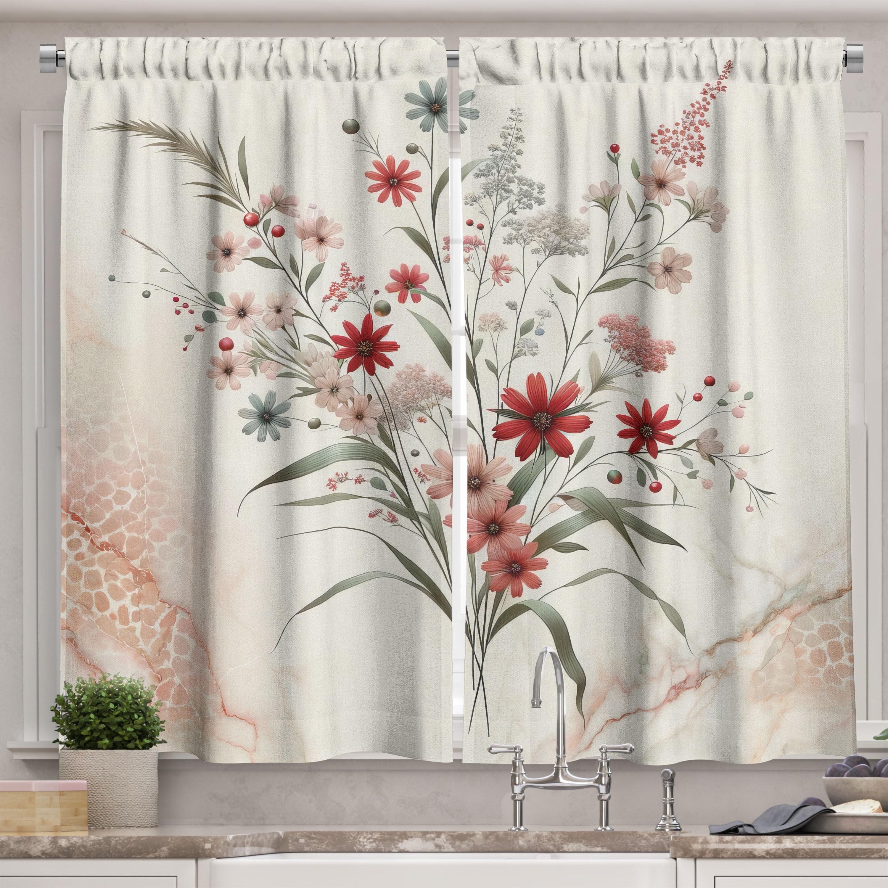 Blush Ivory Sage Green Floral Polyester Kitchen Curtains