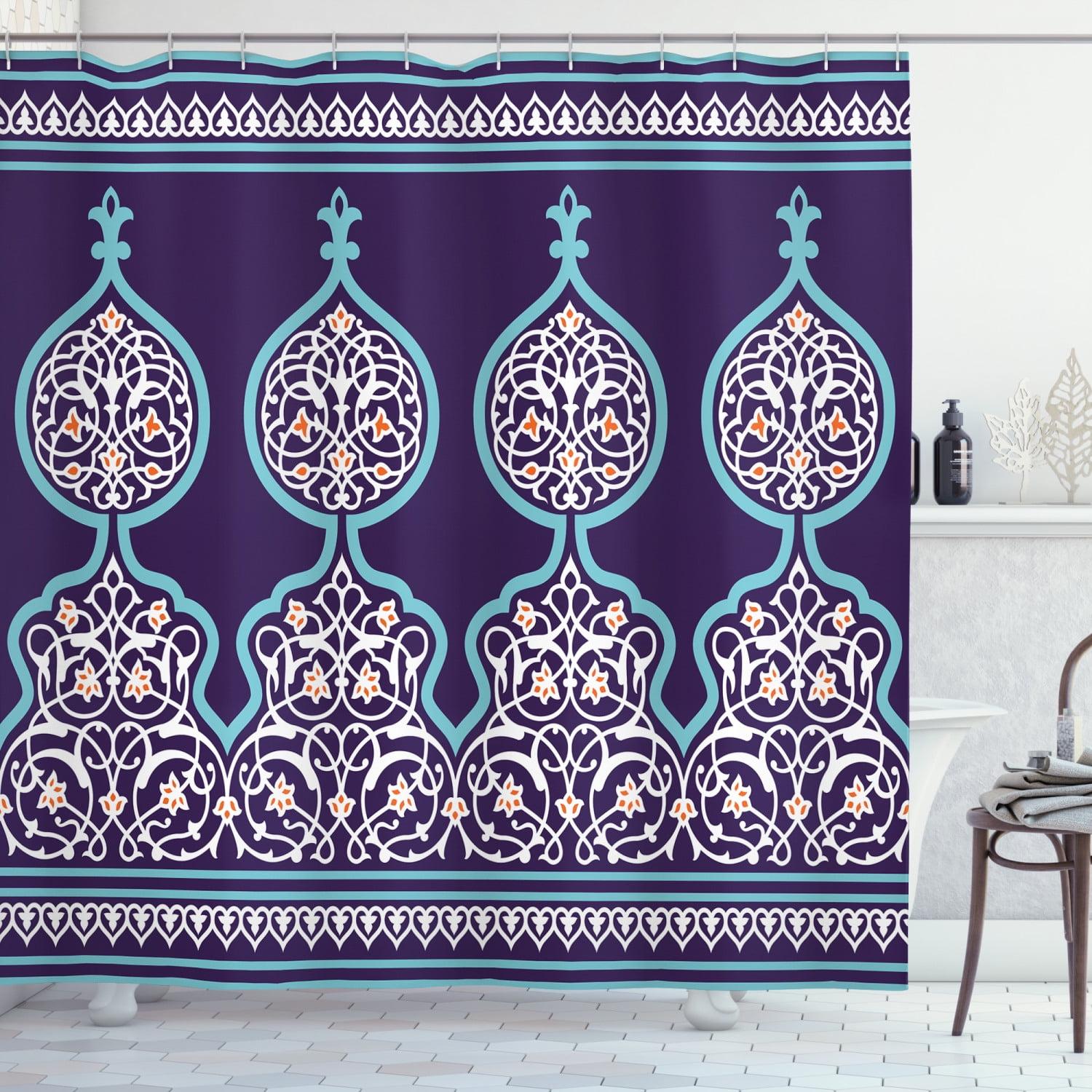 Teal and Royal Blue Moroccan Fabric Shower Curtain with Hooks