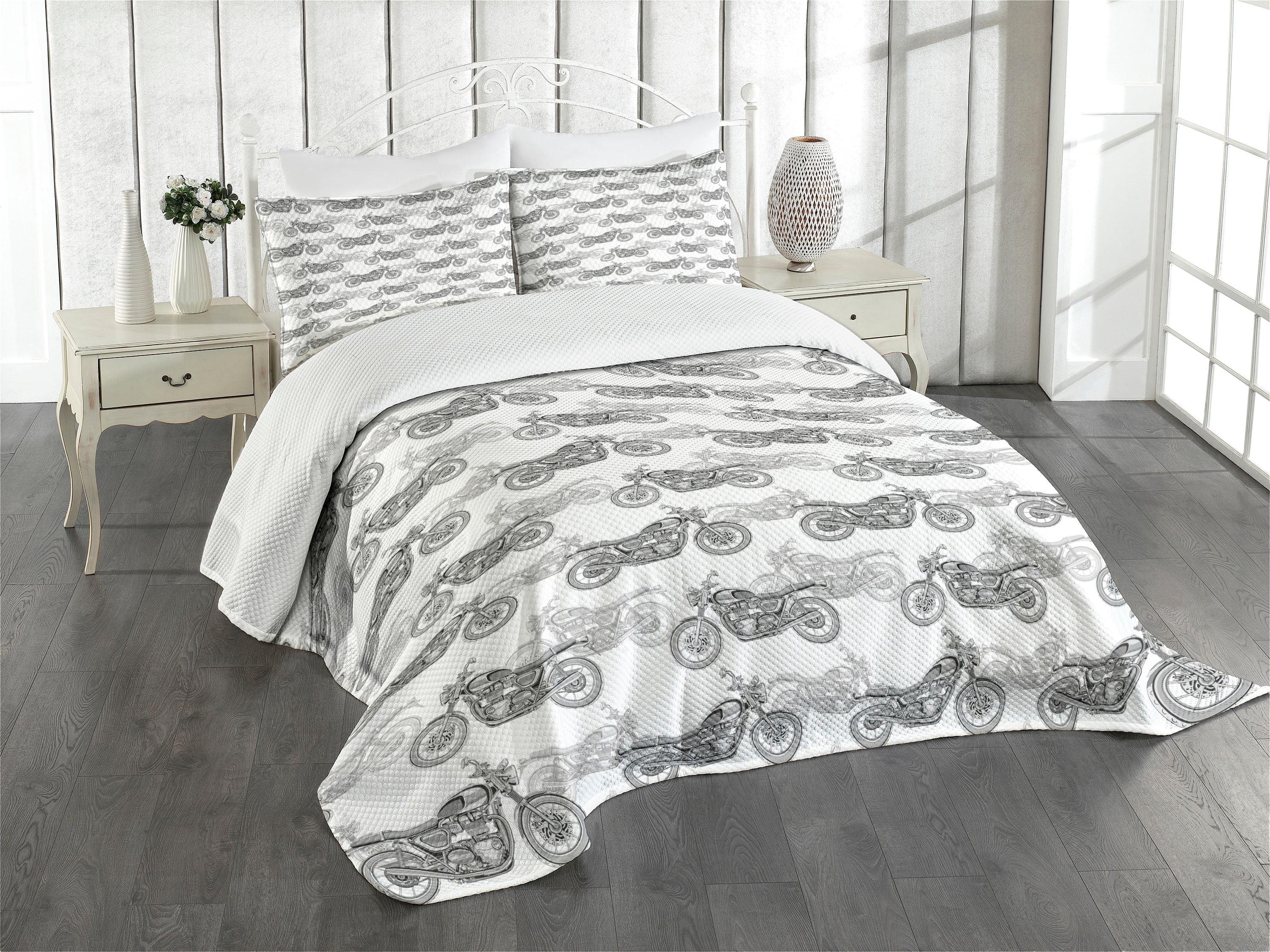 Queen White and Gray Motorcycle Bedspread Set