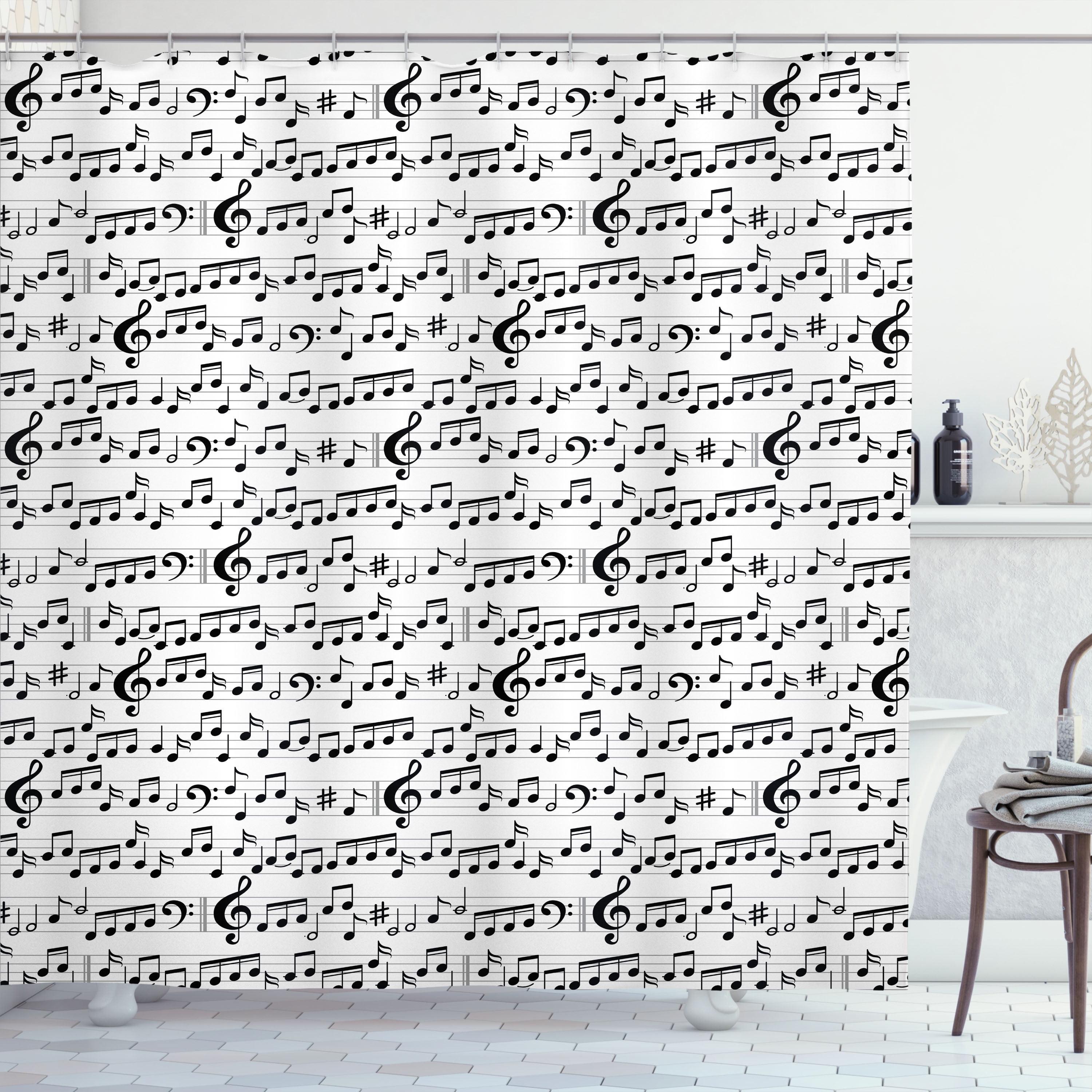 Black and White Music Note Fabric Shower Curtain with Hooks