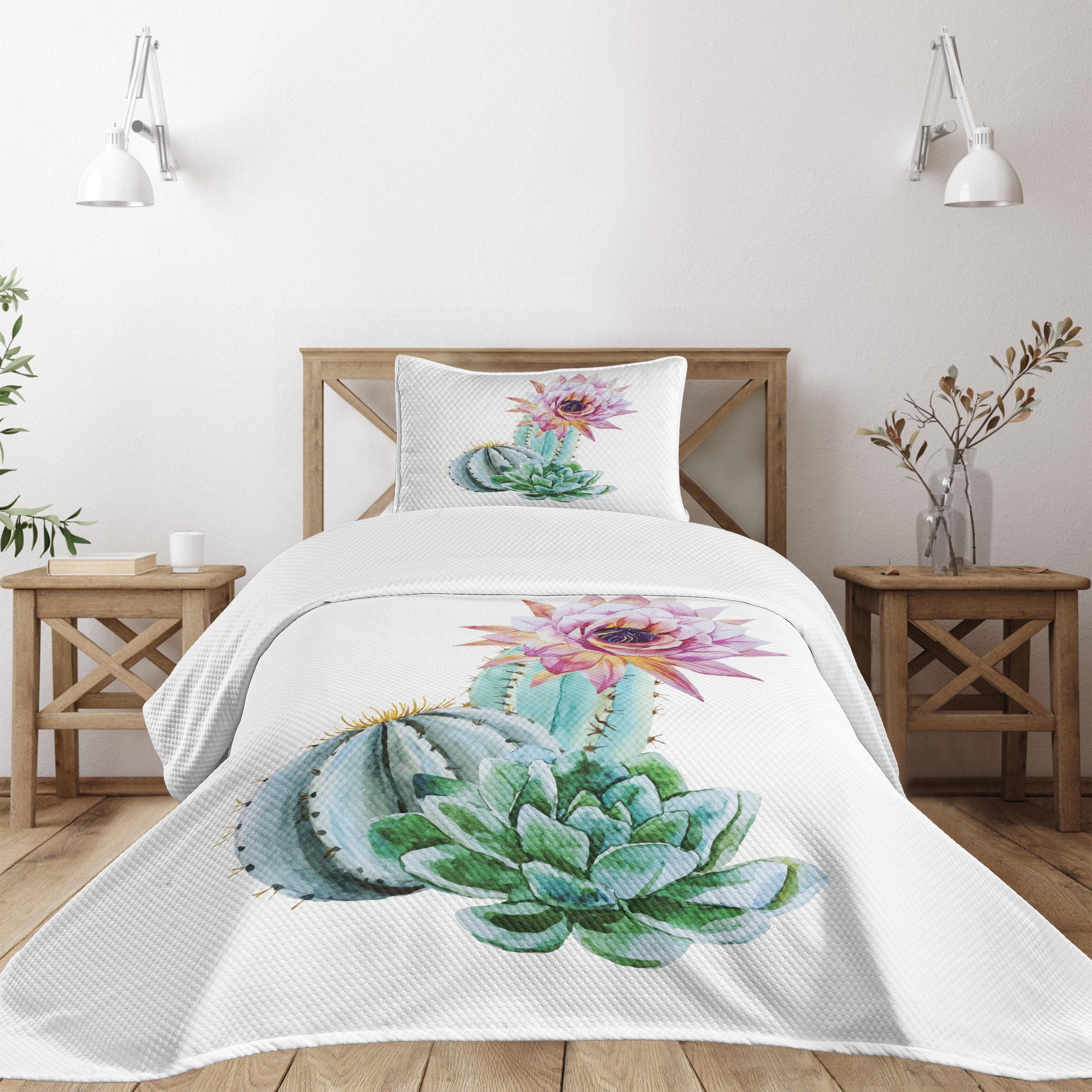 White Quilted Twin Bedspread Set with Cactus Print