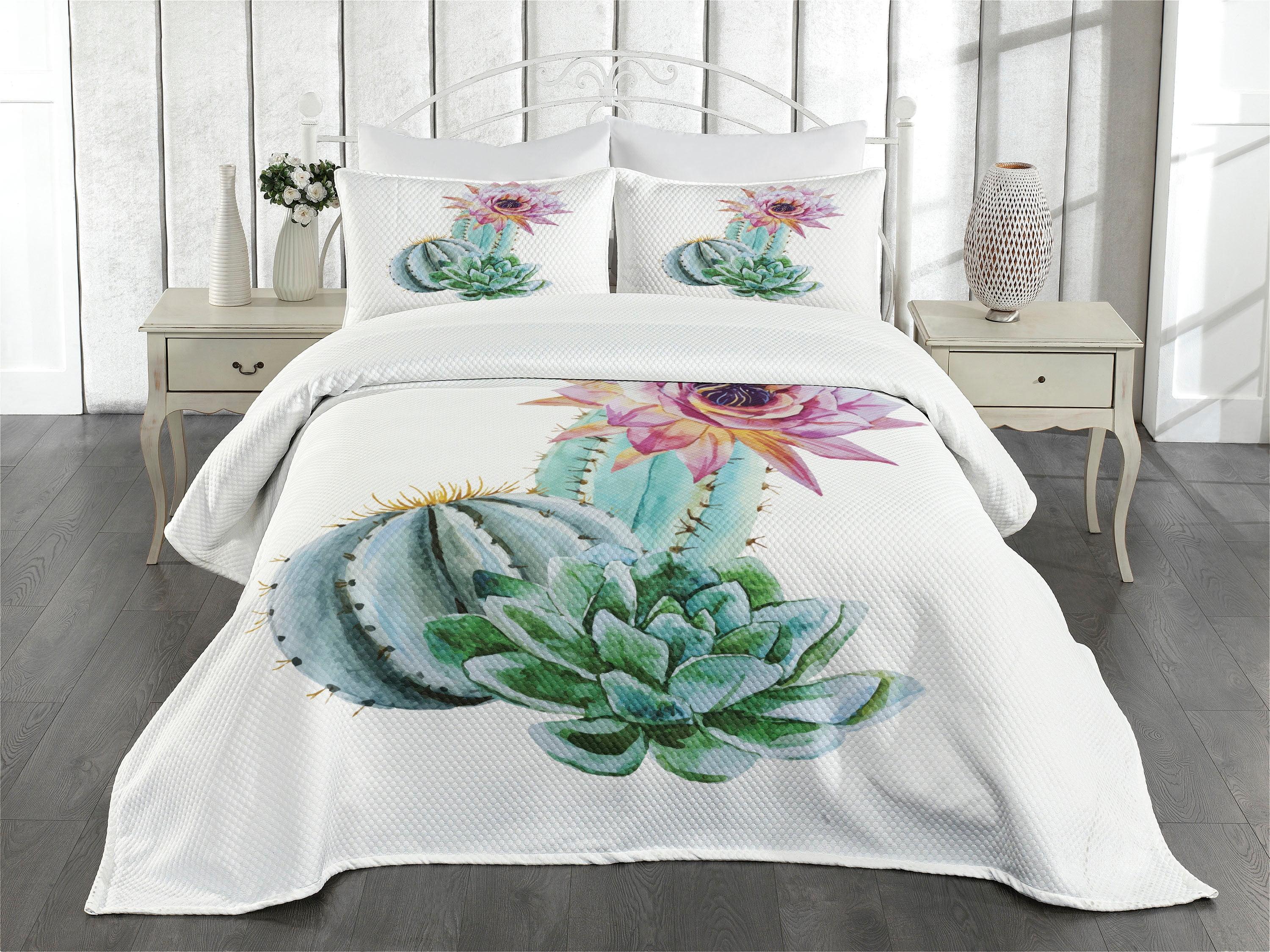 Ambesonne Natural Bedspread Set Cactus Flower and Spike Pink Green and Blue