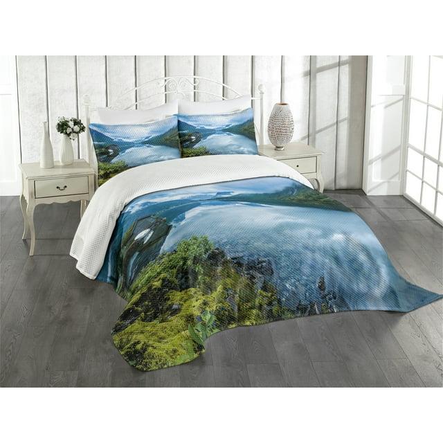 Ambesonne Ambesonne Nature Bedspread Set  Wooden Cabins Norway  Blue Green