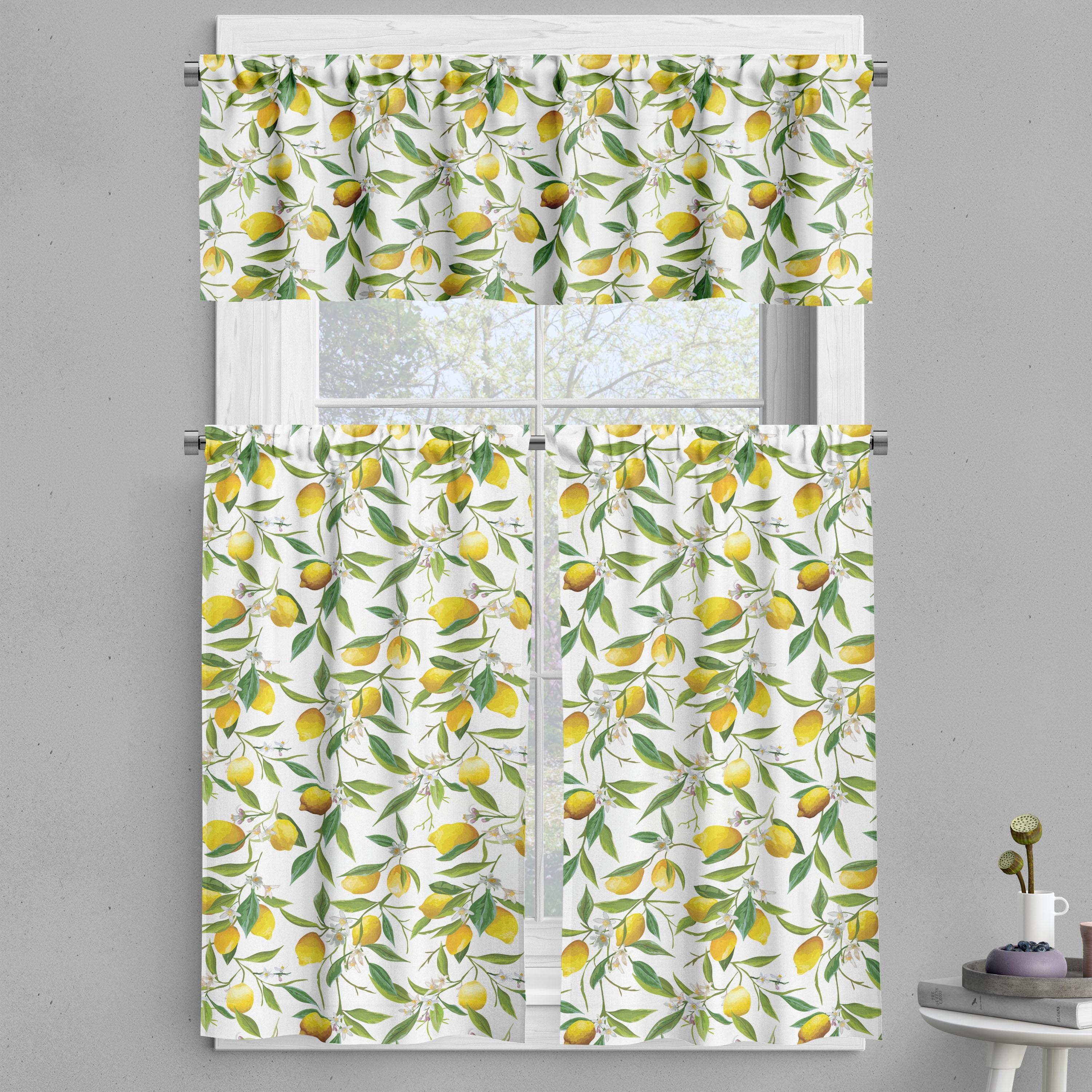 White and Yellow Lemon Print Polyester Kitchen Curtain Set