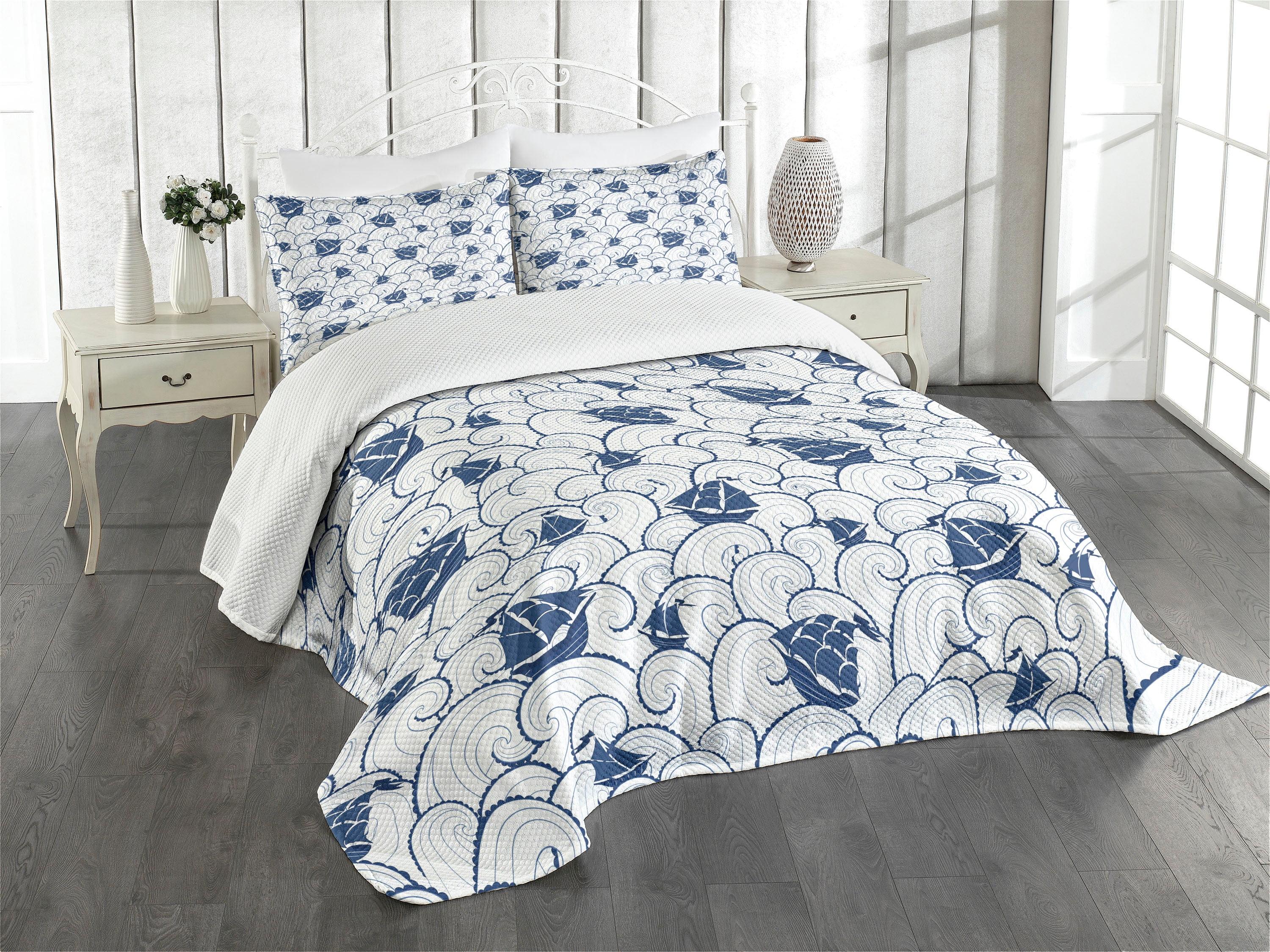 Twin Blue and White Nautical Quilted Bedspread Set