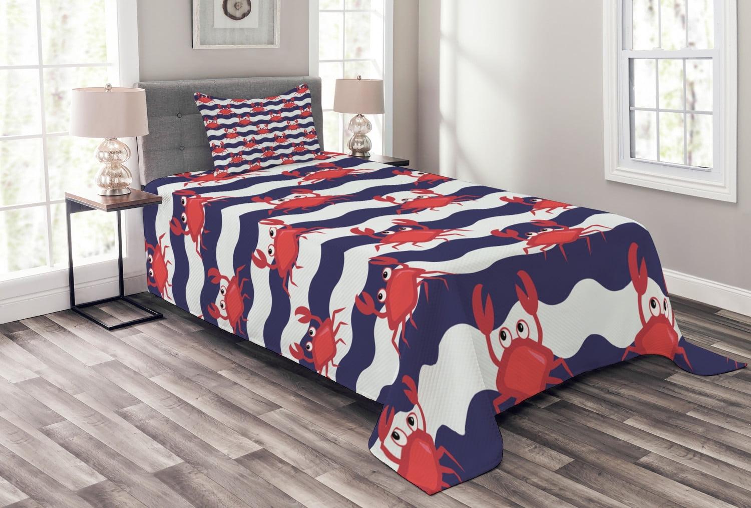 Ambesonne Nautical Bedspread Set Crabs on Striped Red and Navy Blue