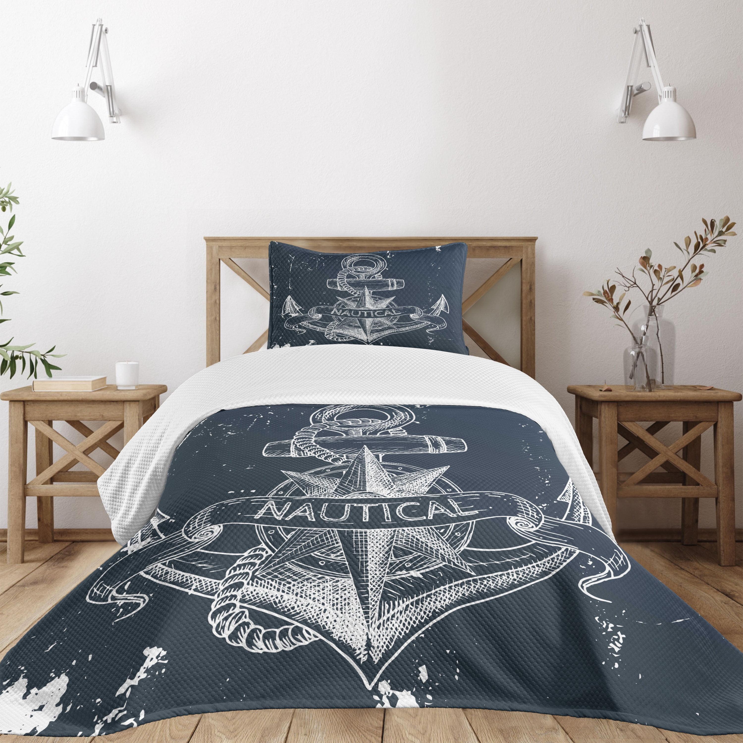 Ambesonne Nautical Bedspread Set Knot Anchor Compass Dark Blue White