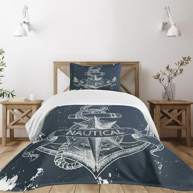 Ambesonne Ambesonne Nautical Bedspread Set Knot Anchor Compass Dark Blue White