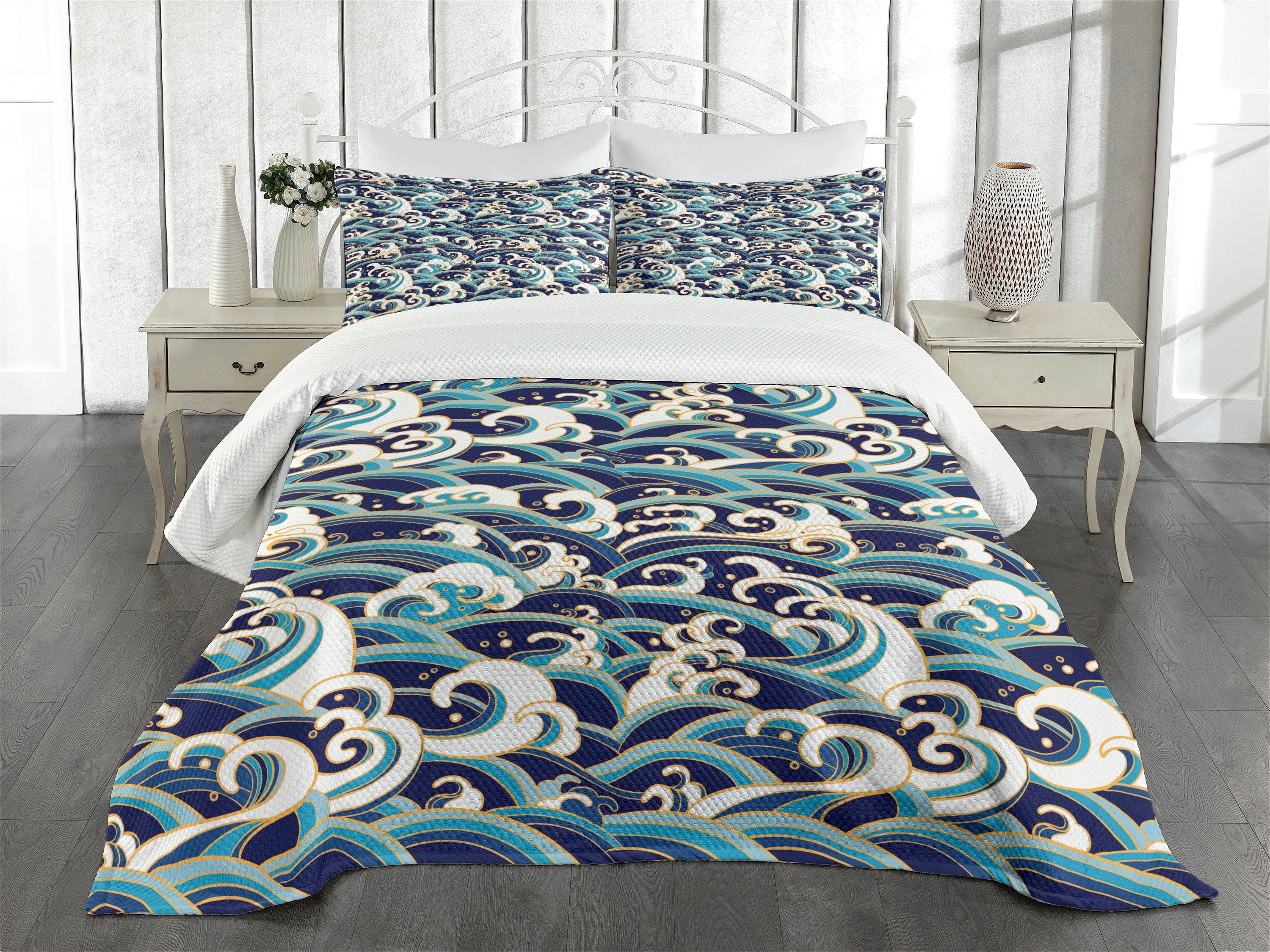 Ambesonne Ambesonne Nautical Bedspread Set Ocean Waves Pattern Blue and White