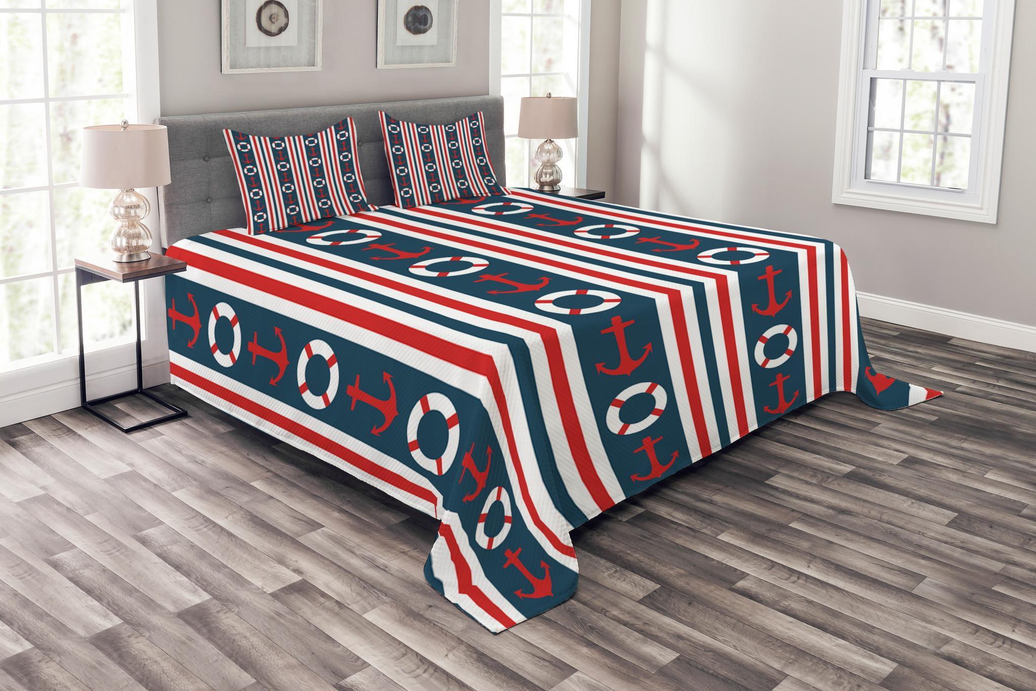 Nautical Queen Bedspread Set with Anchors and Stripes