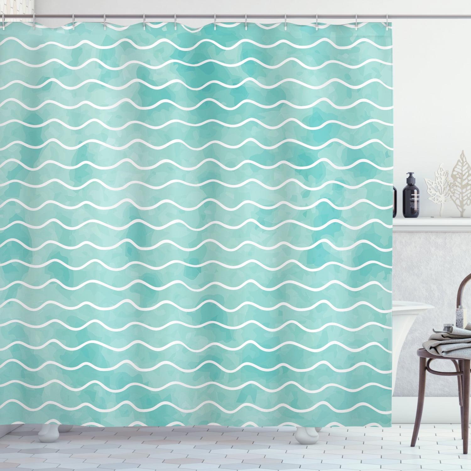 Turquoise White Ocean Wave Fabric Shower Curtain 69" x 70"