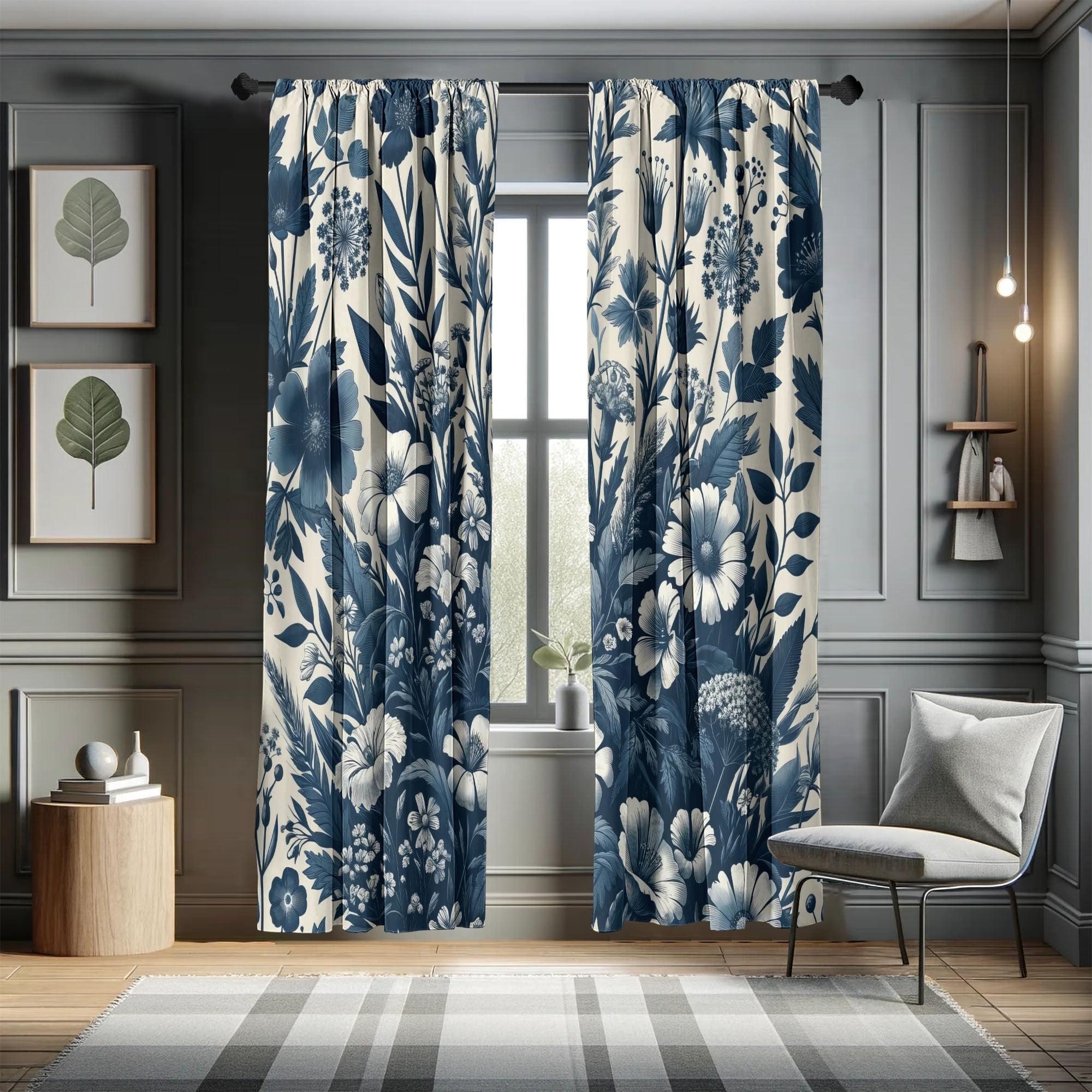 Dark Slate Blue Floral Microfiber Room-Darkening Curtain Panels