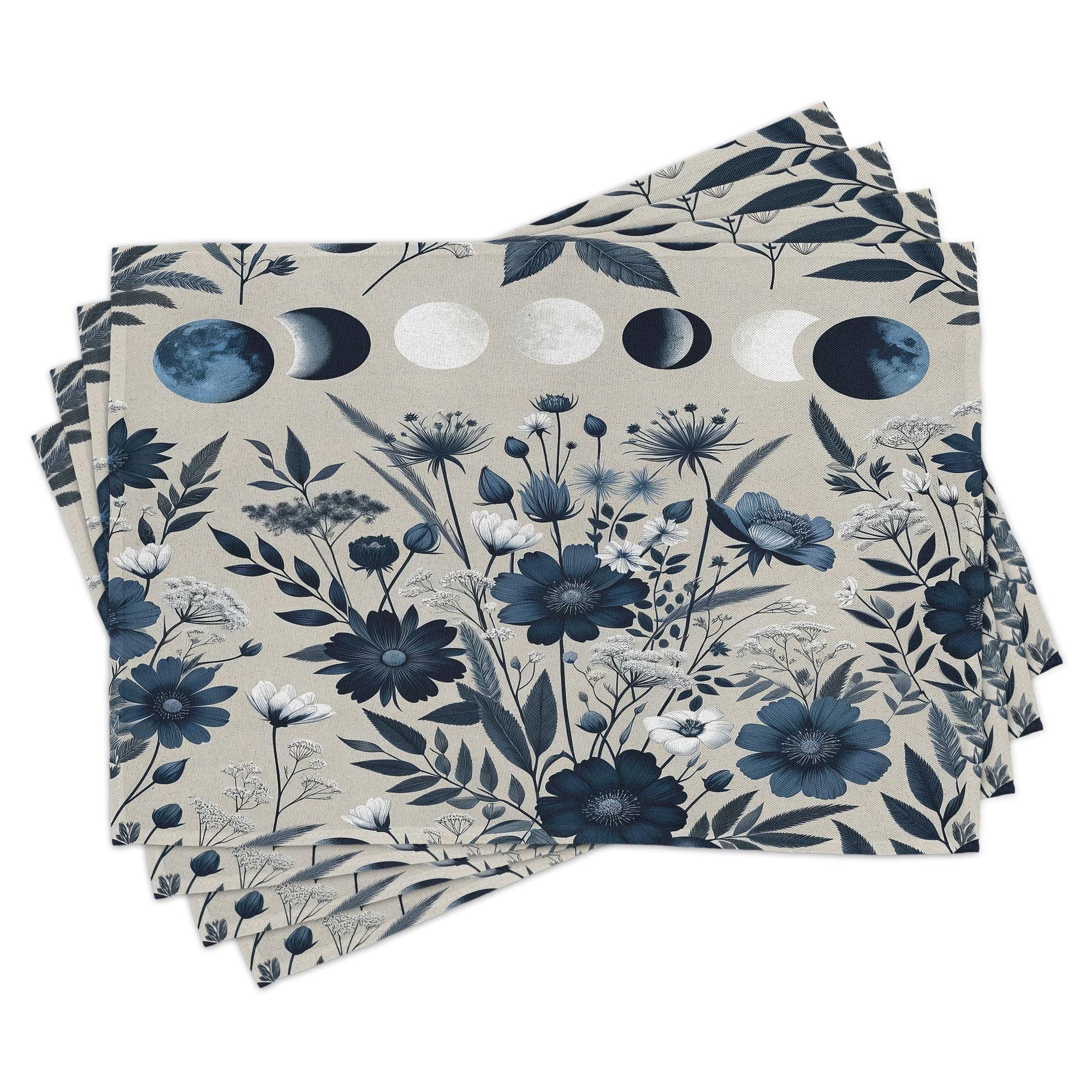 Night Blue Pale Grey Floral Moon Phase Polyester Placemats Set of 4