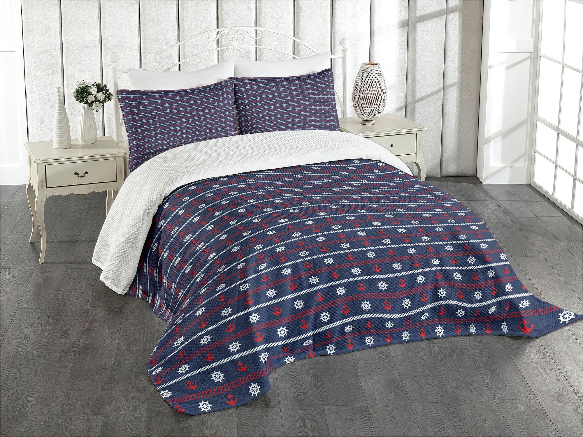 Navy Blue Quilted King Bedspread Set with Nautical Borders