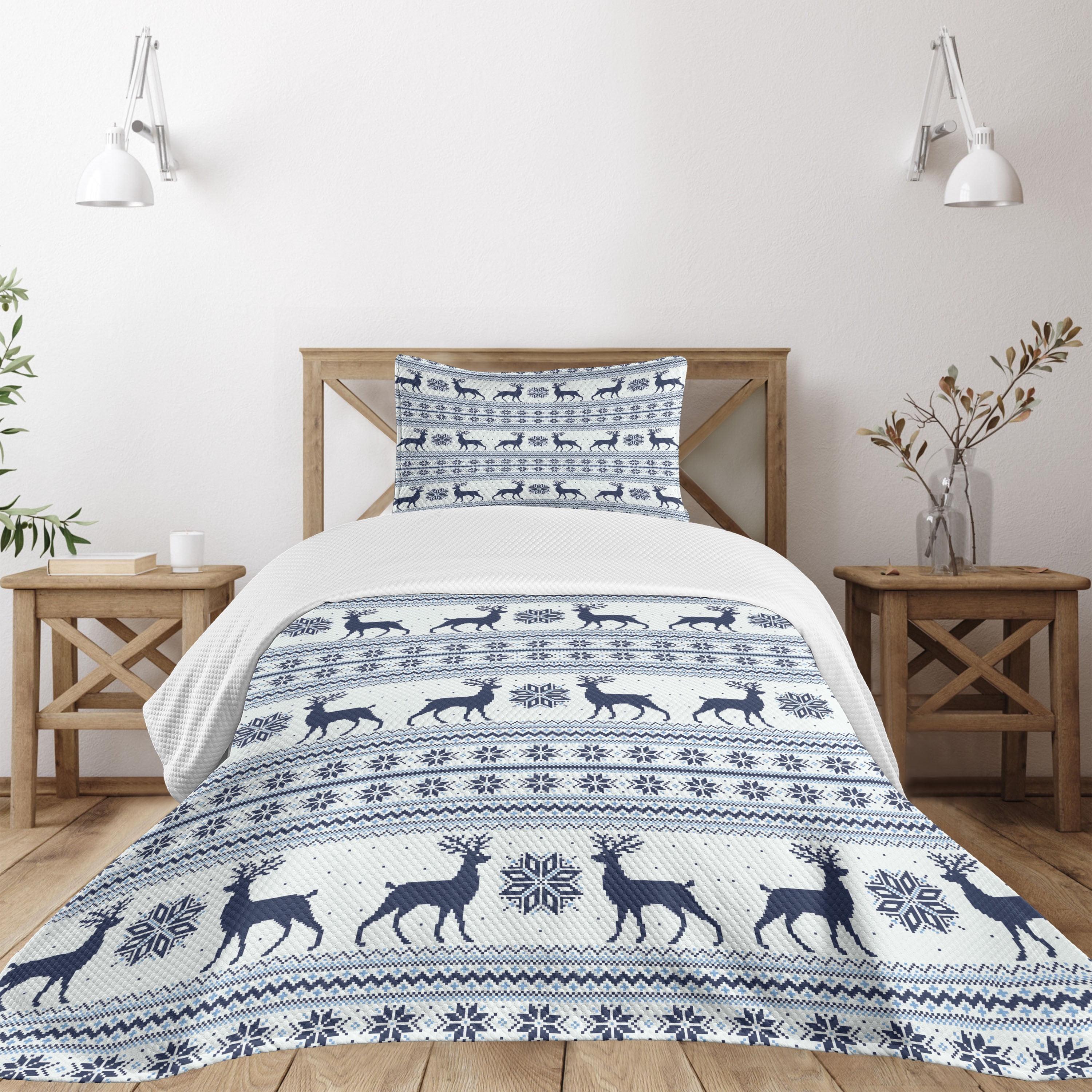 Ambesonne Nordic Bedspread Set Pixel Art Style Reindeer Pale Blue Dark Blue