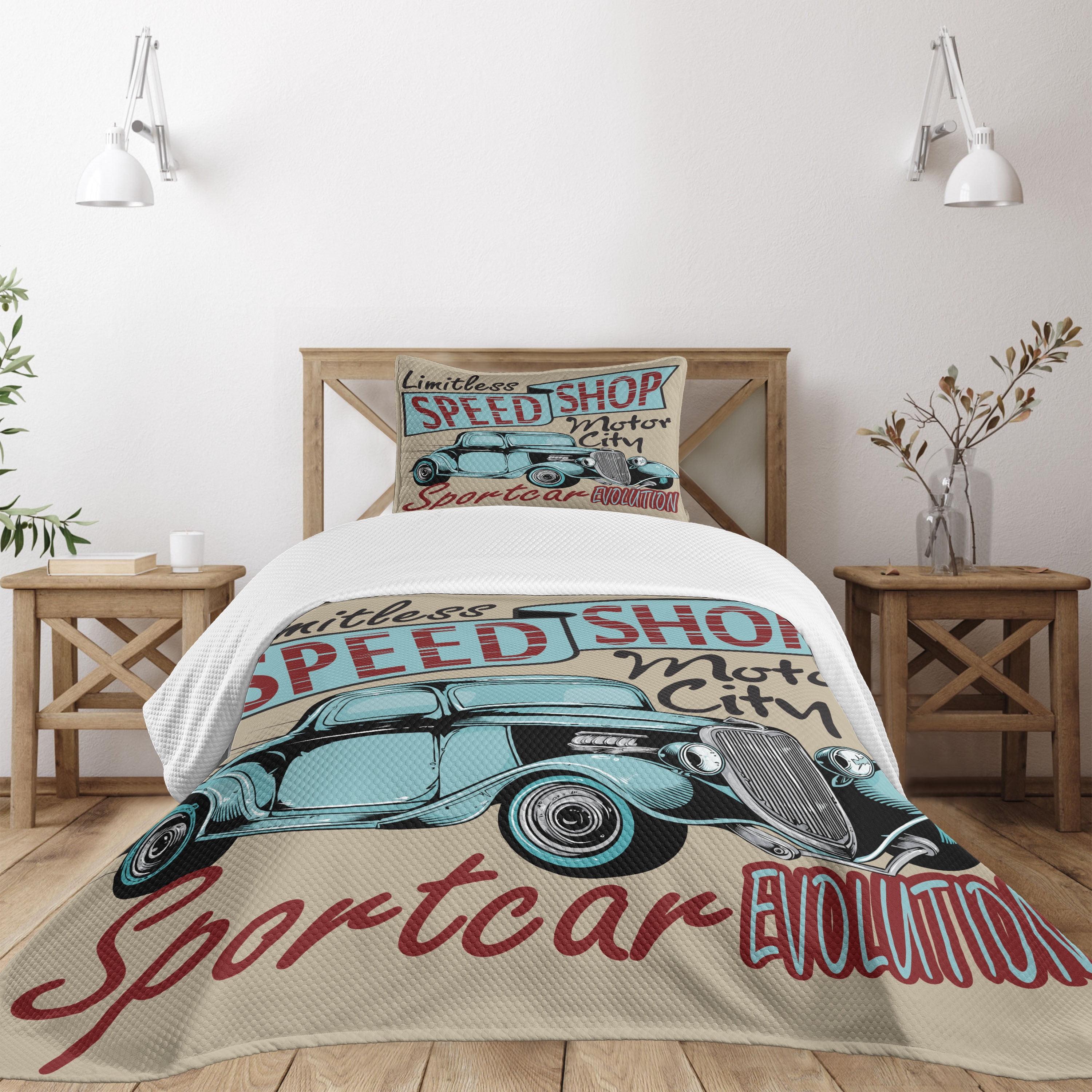 Twin White Quilted Bedspread Set with Classic Car Print