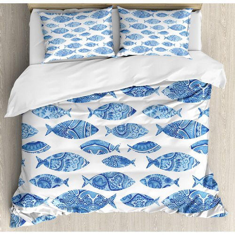 King Size Blue Ocean Fish Pattern Microfiber Duvet Set