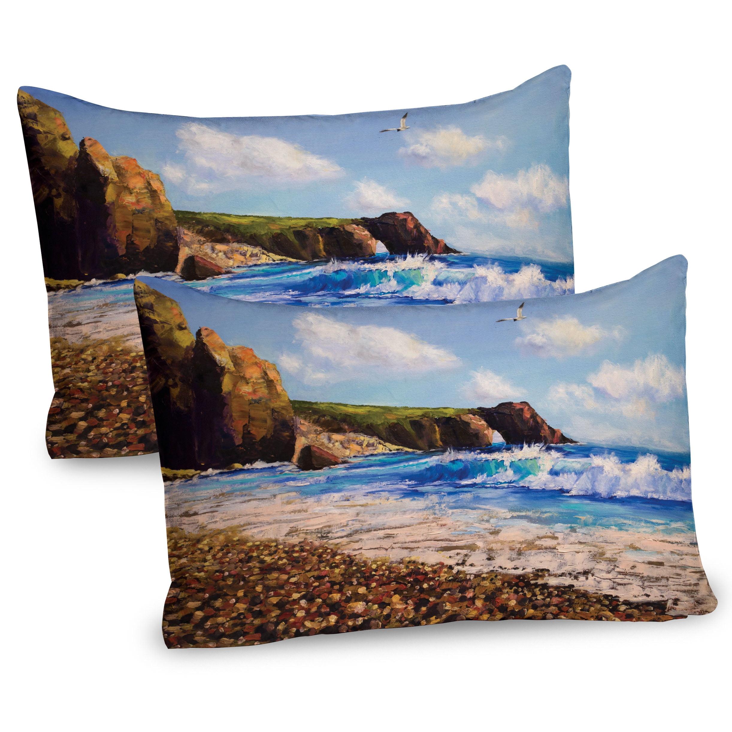 Ocean Beach Scene Blue Brown White Microfiber Pillow Shams