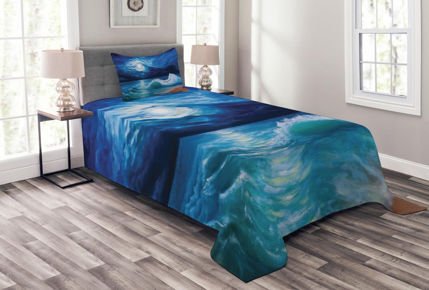 Twin White Quilted Bedspread Set with Ocean Design