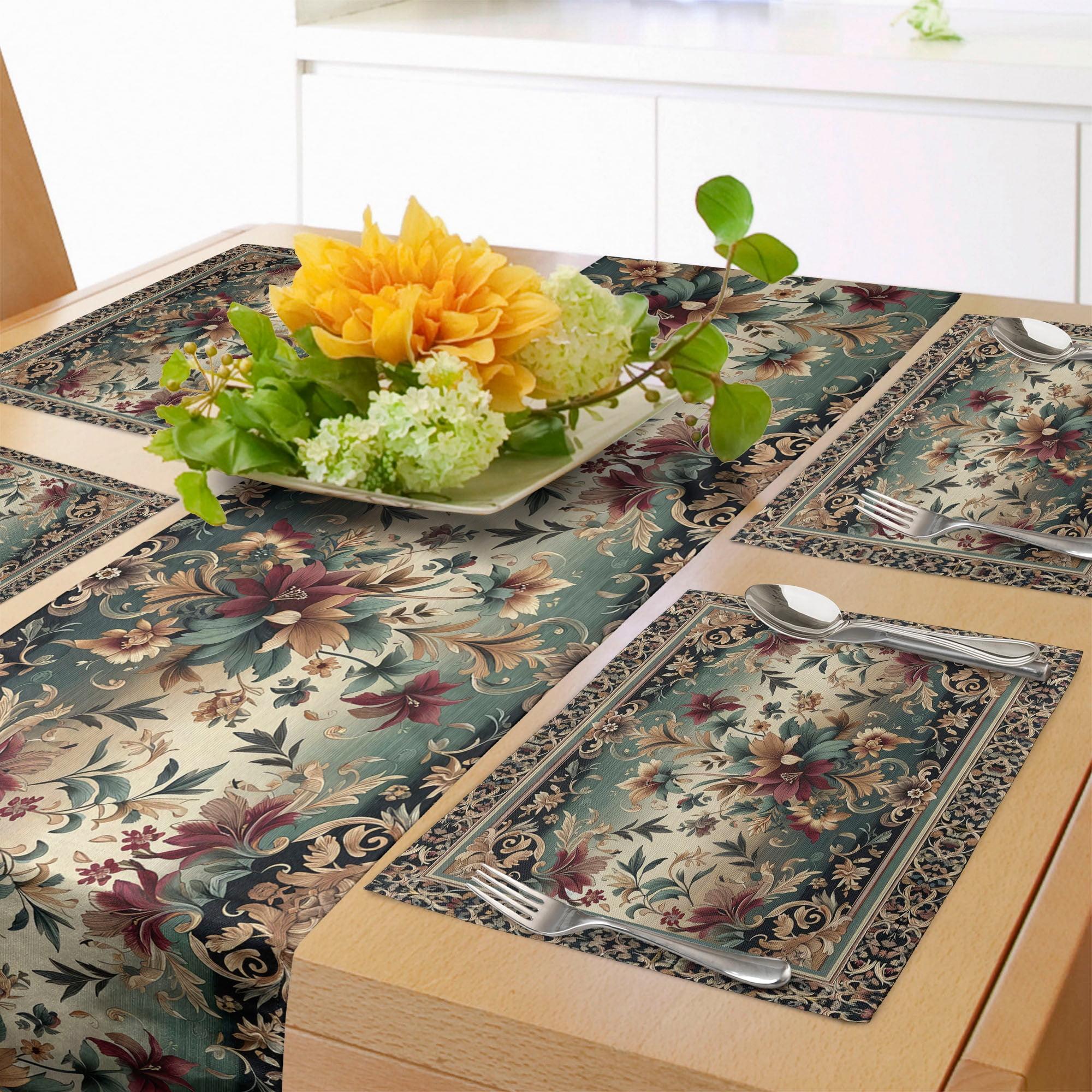 Reseda Green Ruby Tan Floral Polyester Table Runner and Placemats Set