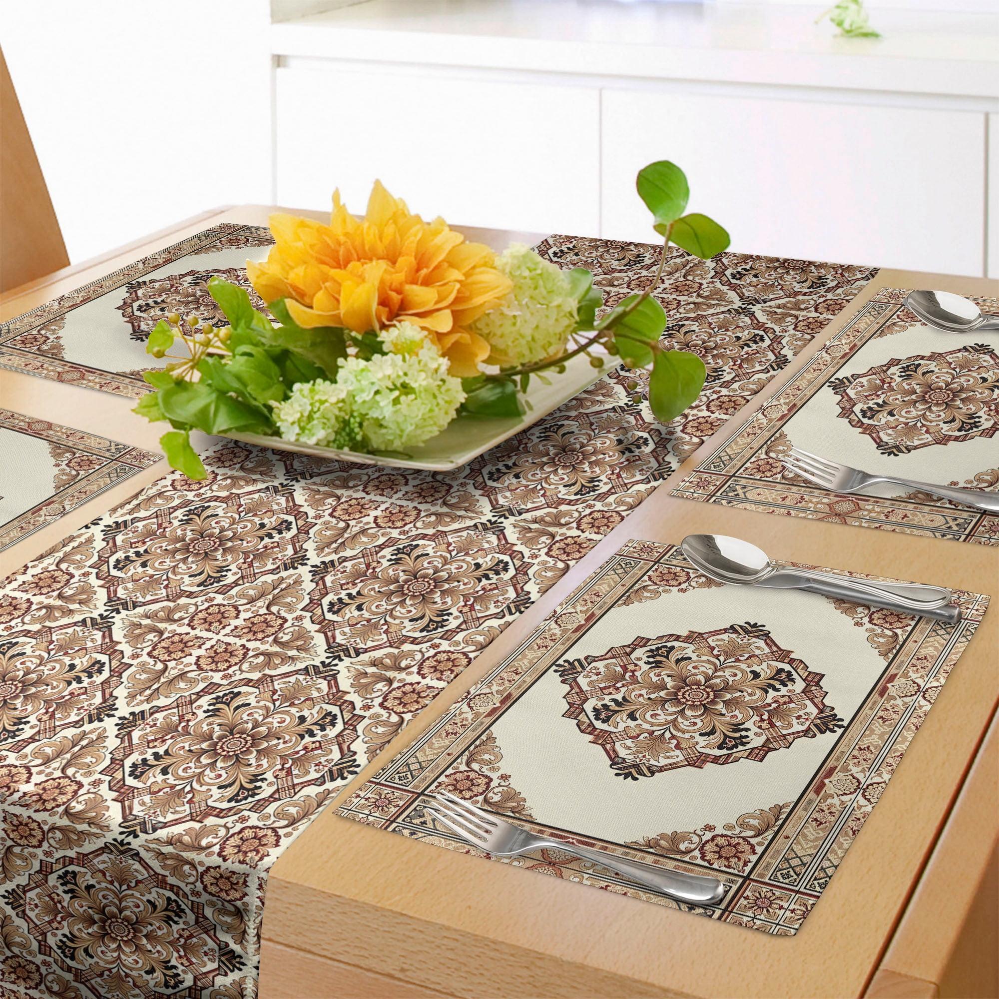 Sand Brown Caramel Ivory Floral Table Runner and Placemats Set