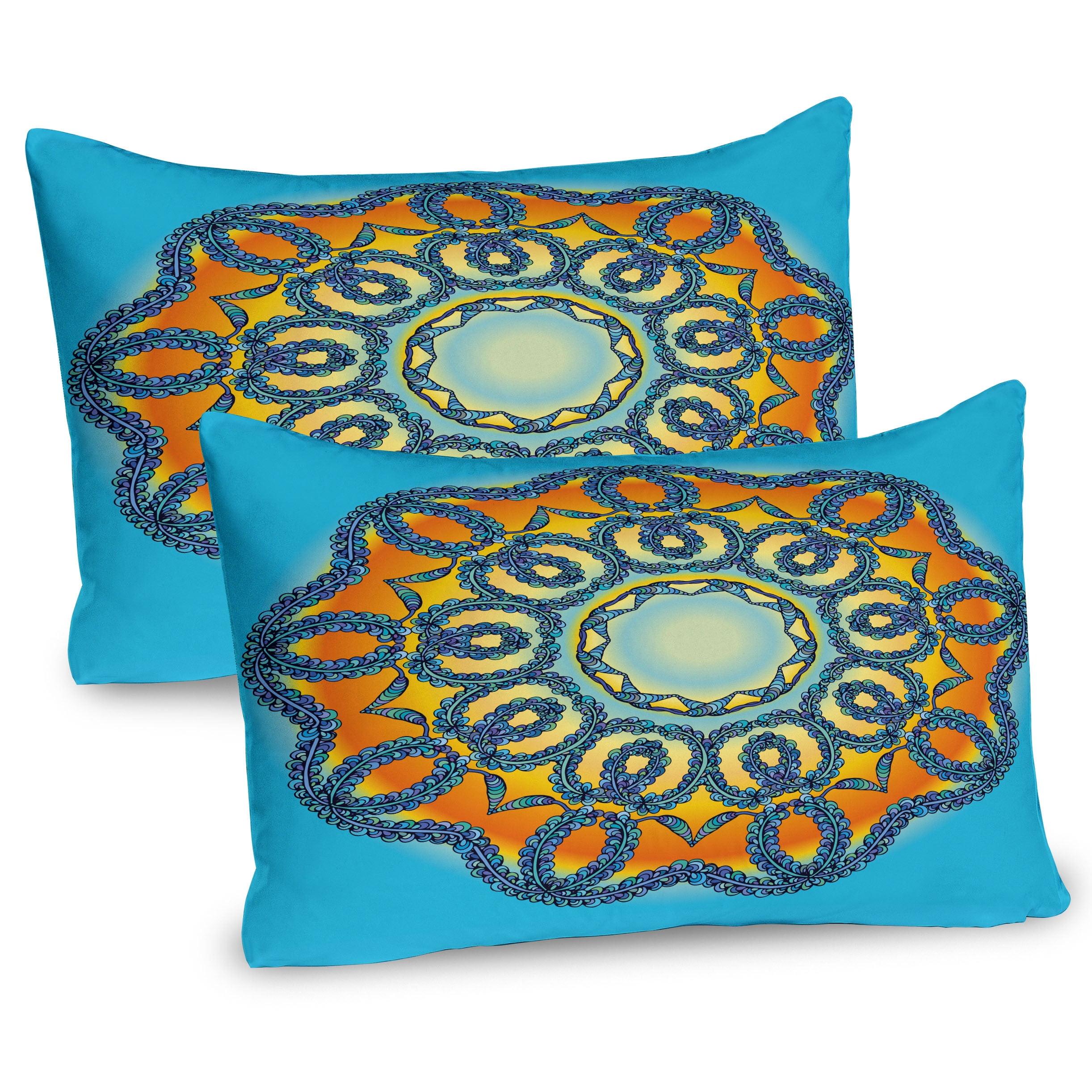 Mandala Floral Orange and Blue Microfiber Pillow Sham Set