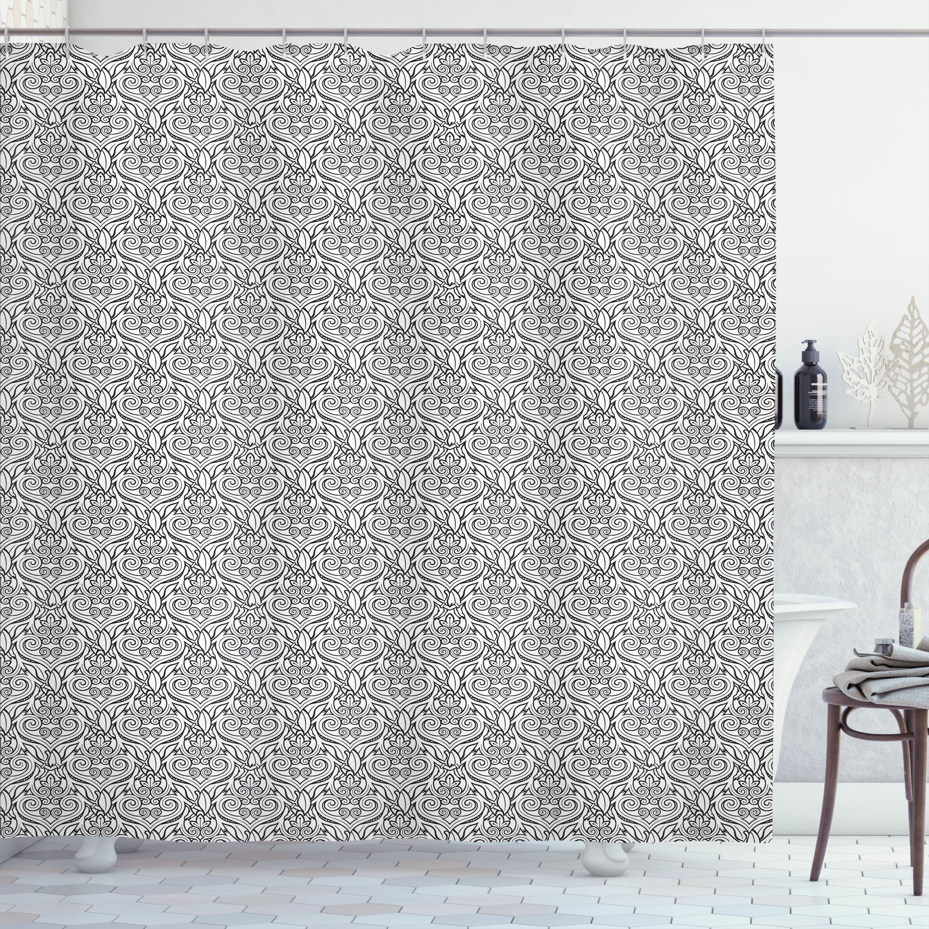 Ambesonne Damask Grey Shower Curtain Flowers Swirling Ornate Pale Grey and White