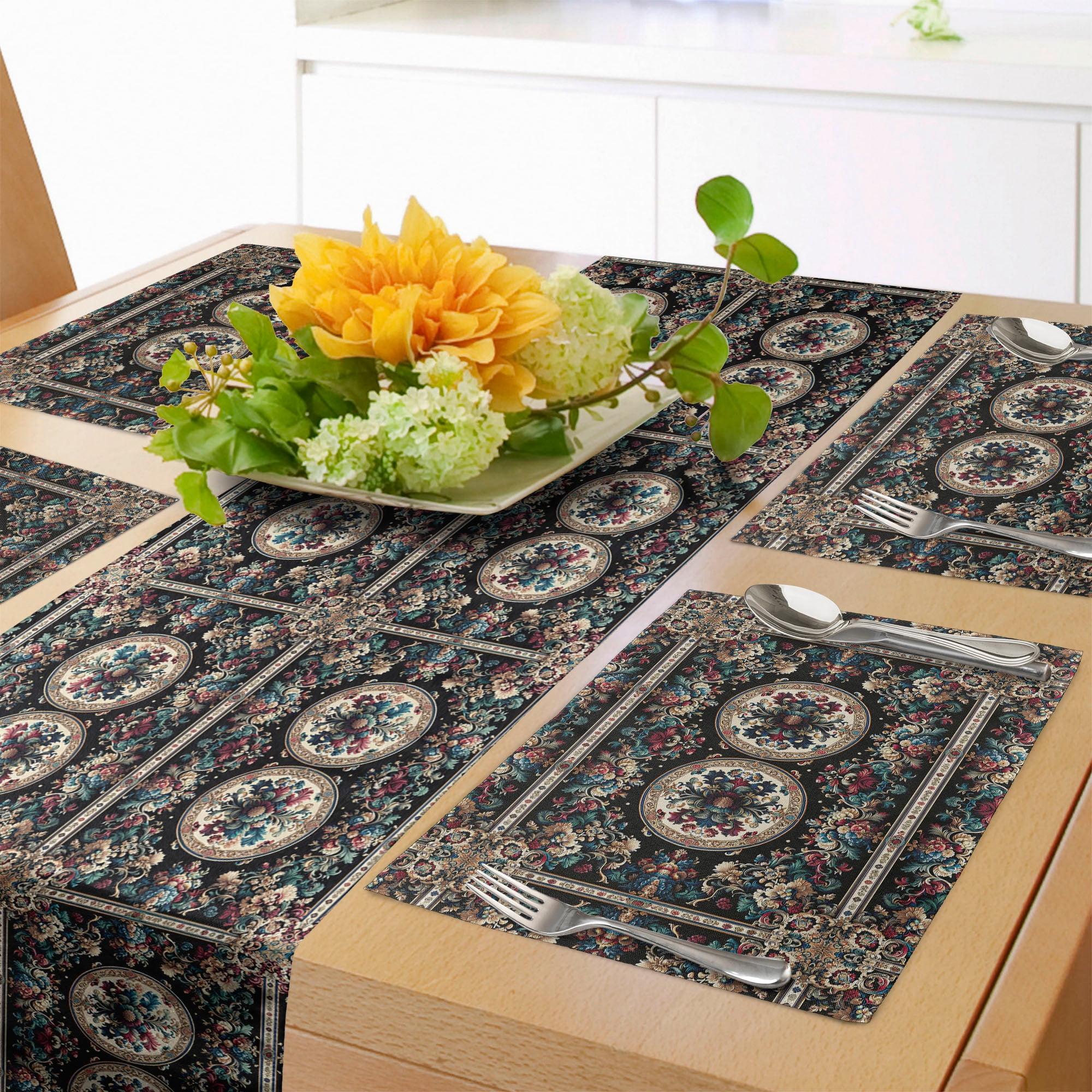 Beige and Seafoam Polyester Floral Table Runner and Placemats Set