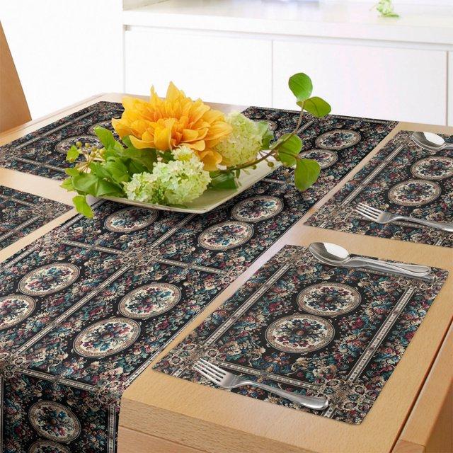 Ambesonne Ambesonne Oriental Table Runner & Placemats Placemat 4 pcs + Runner 12"x90" Beige Seafoam and Ruby