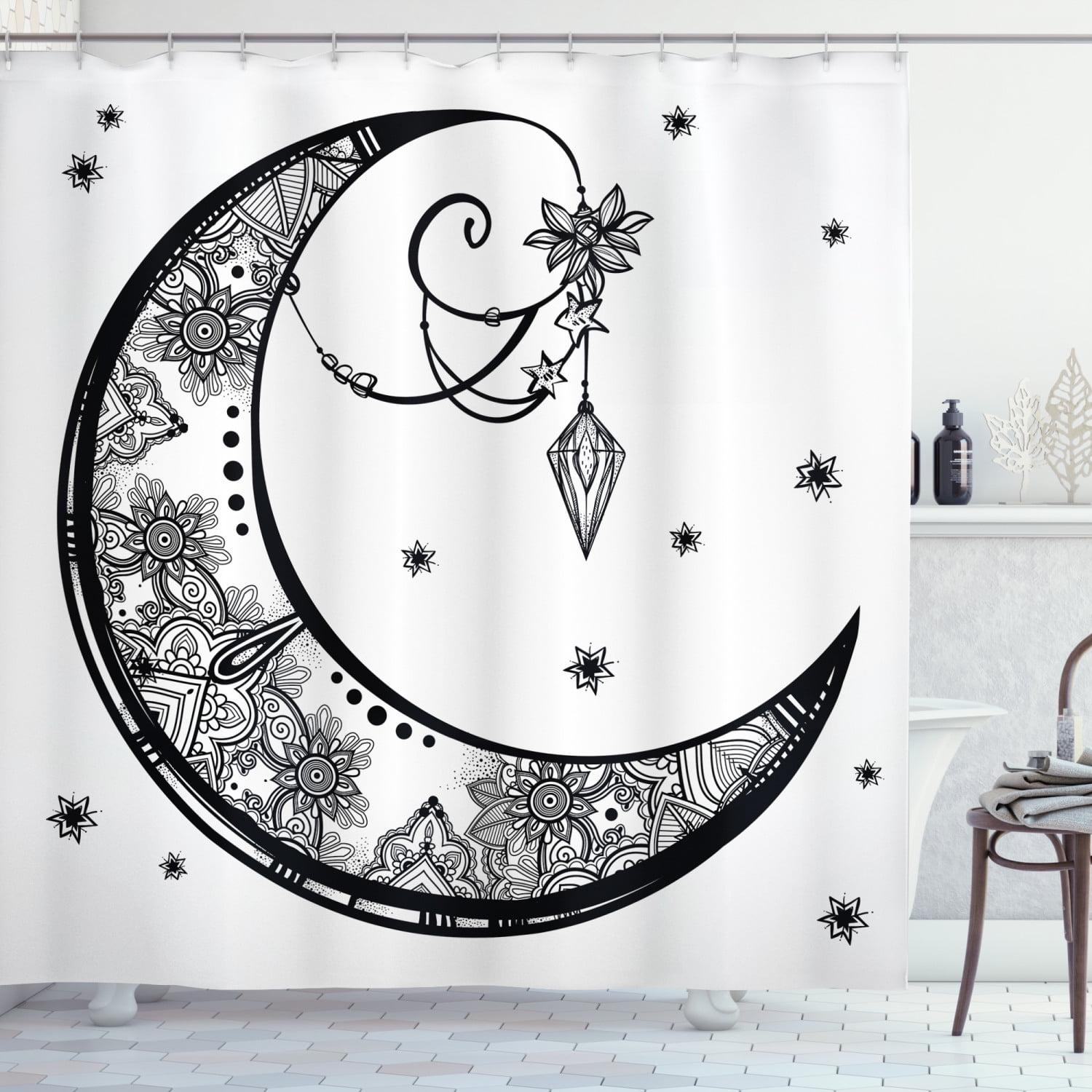 Black and White Paisley Moon Fabric Shower Curtain