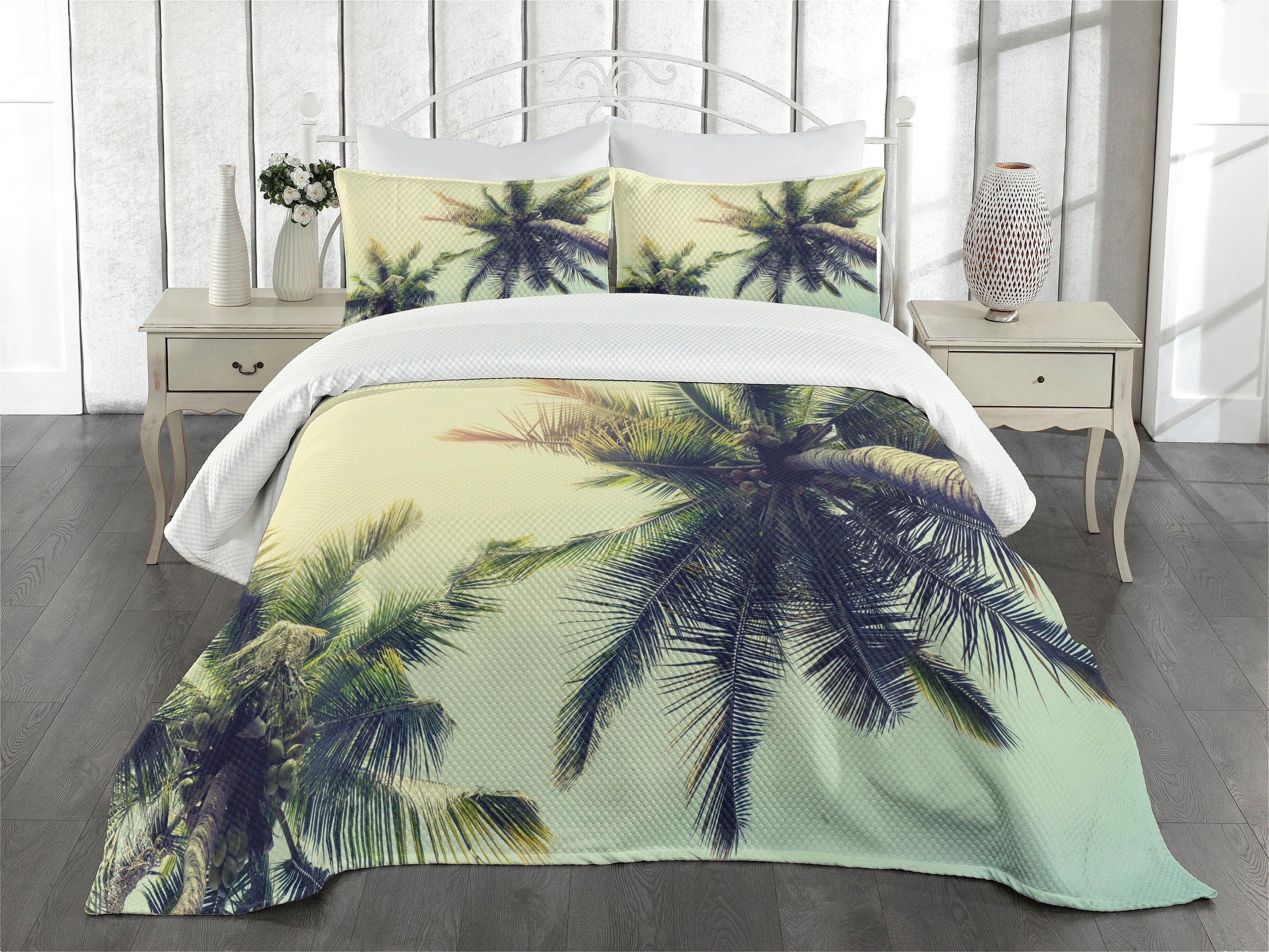 Ambesonne Palm Tree Bedspread Set Caribbean Coastline Ocean Pale Yellow Green Brown