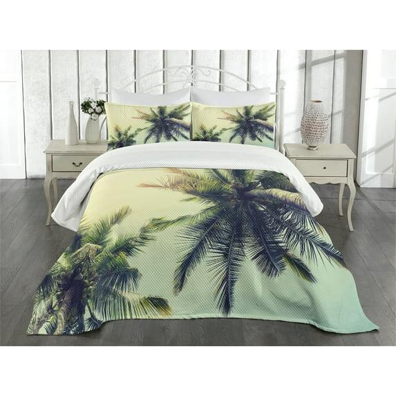 Ambesonne Ambesonne Palm Tree Bedspread Set Caribbean Coastline Ocean Pale Yellow Green Brown