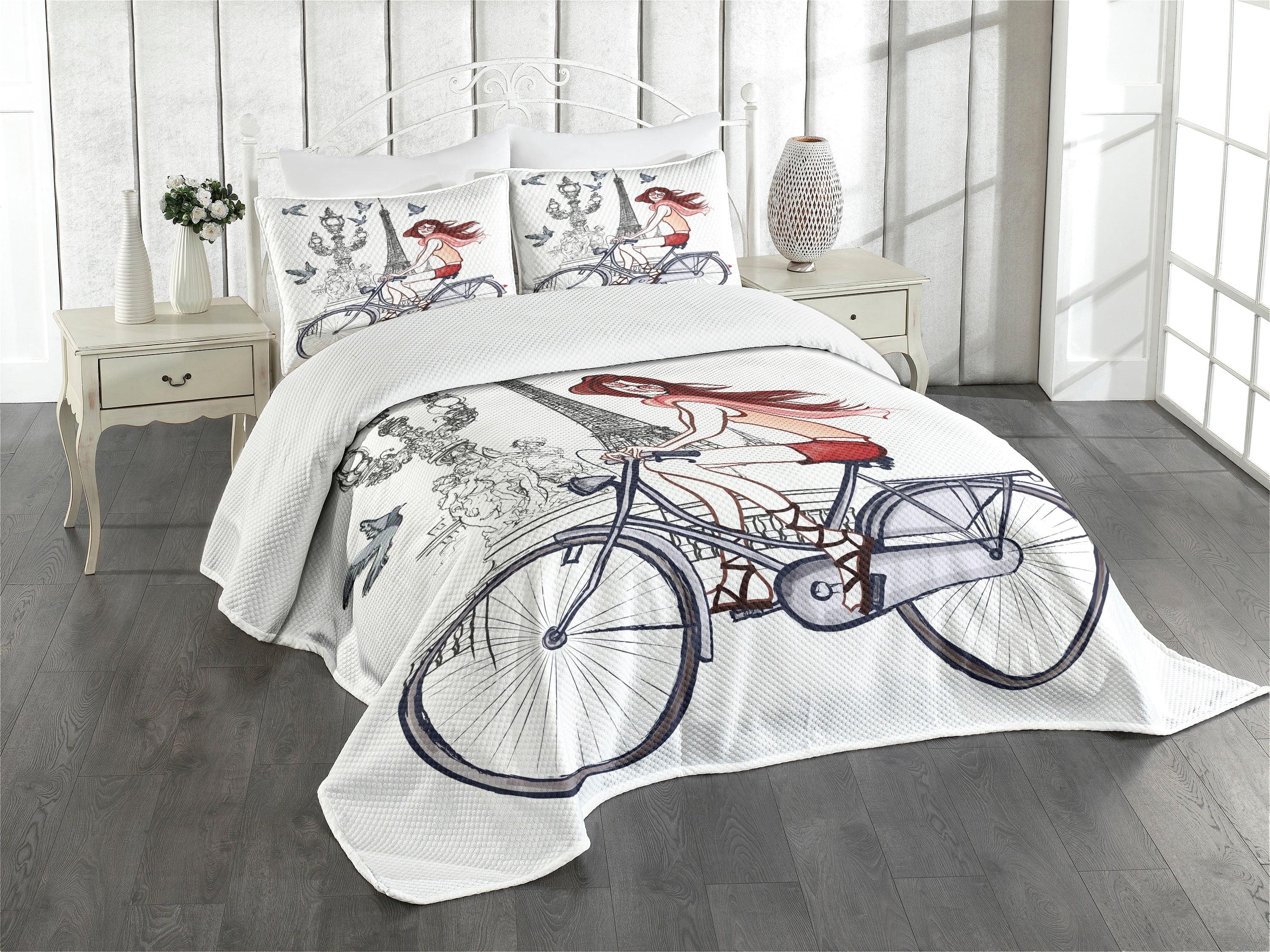 Ambesonne Ambesonne Paris Bedspread Set Woman on Bike Eiffel Grey Red Peach