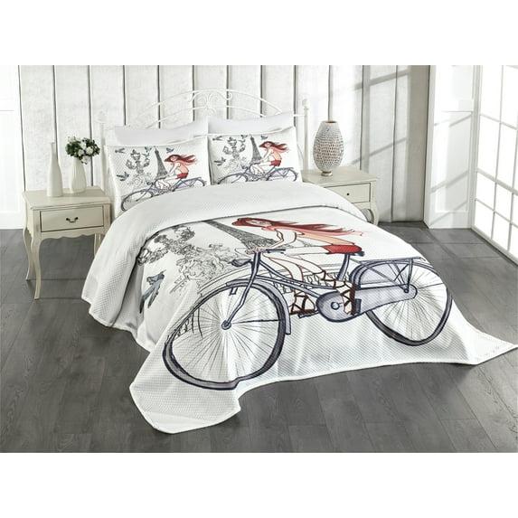 Ambesonne Ambesonne Paris Bedspread Set Woman on Bike Eiffel Grey Red Peach