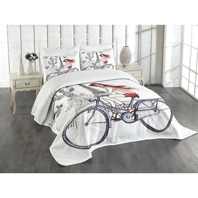 Ambesonne Ambesonne Paris Bedspread Set Woman on Bike Eiffel Grey Red Peach