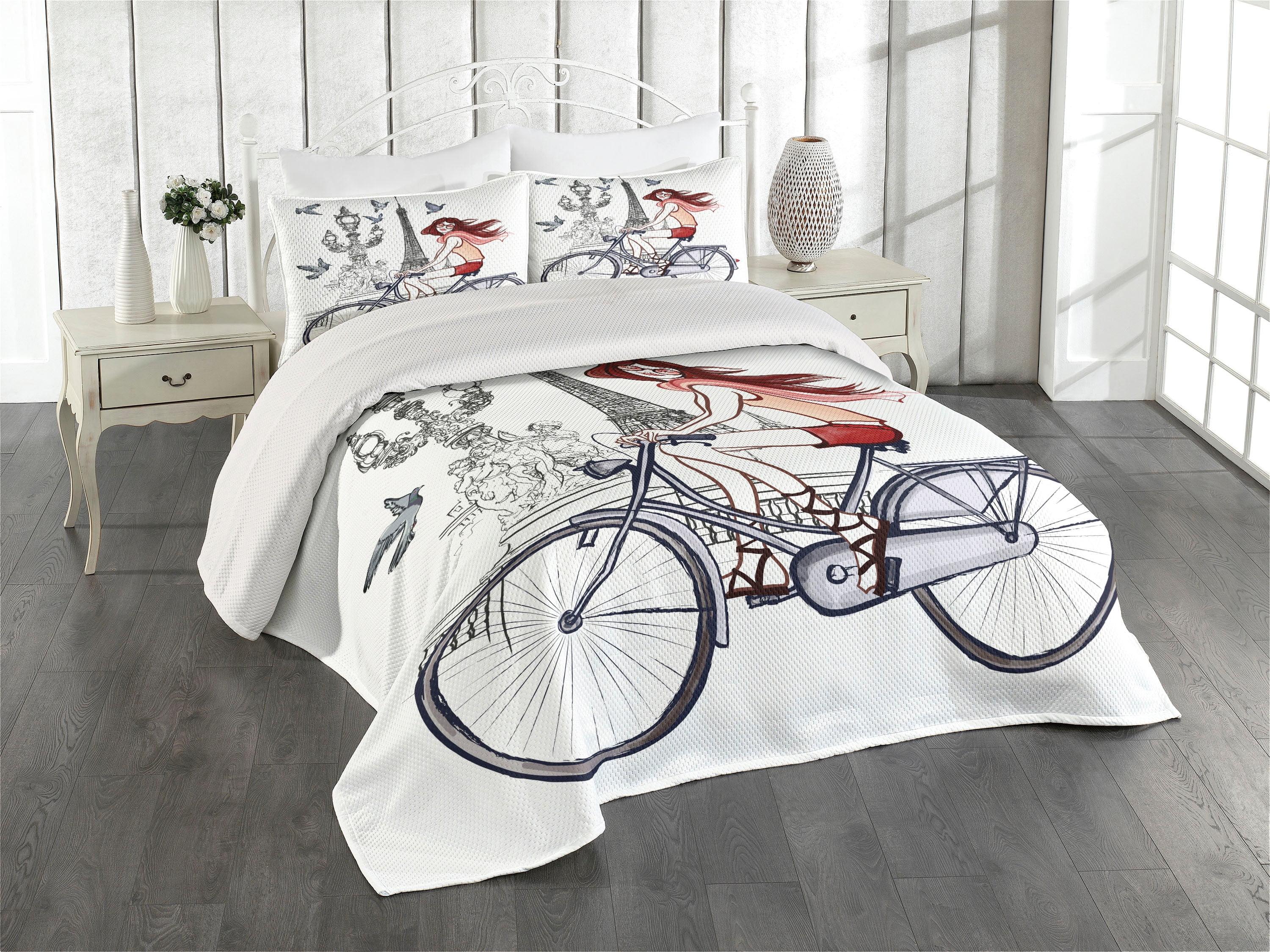 Ambesonne Ambesonne Paris Bedspread Set Woman on Bike Eiffel Grey Red Peach