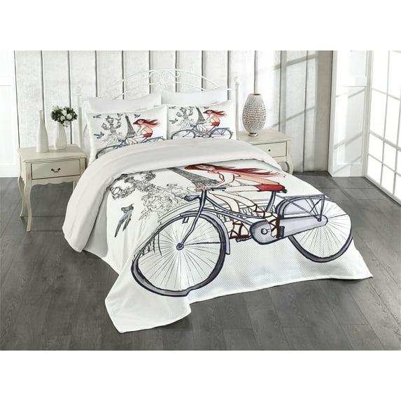 Ambesonne Ambesonne Paris Bedspread Set Woman on Bike Eiffel Grey Red Peach