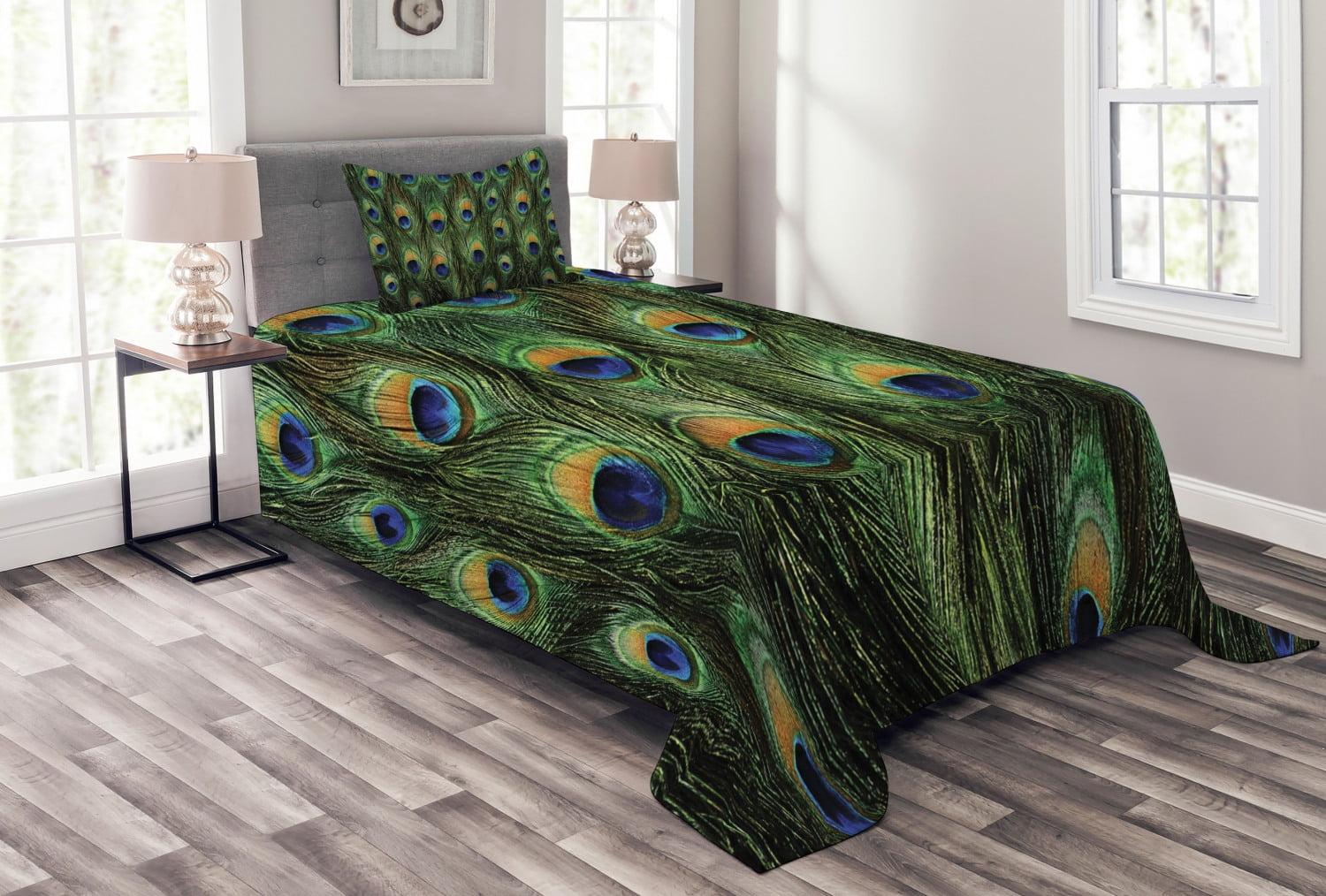 Twin White and Green Quilted Bedspread Set with Peacock Design