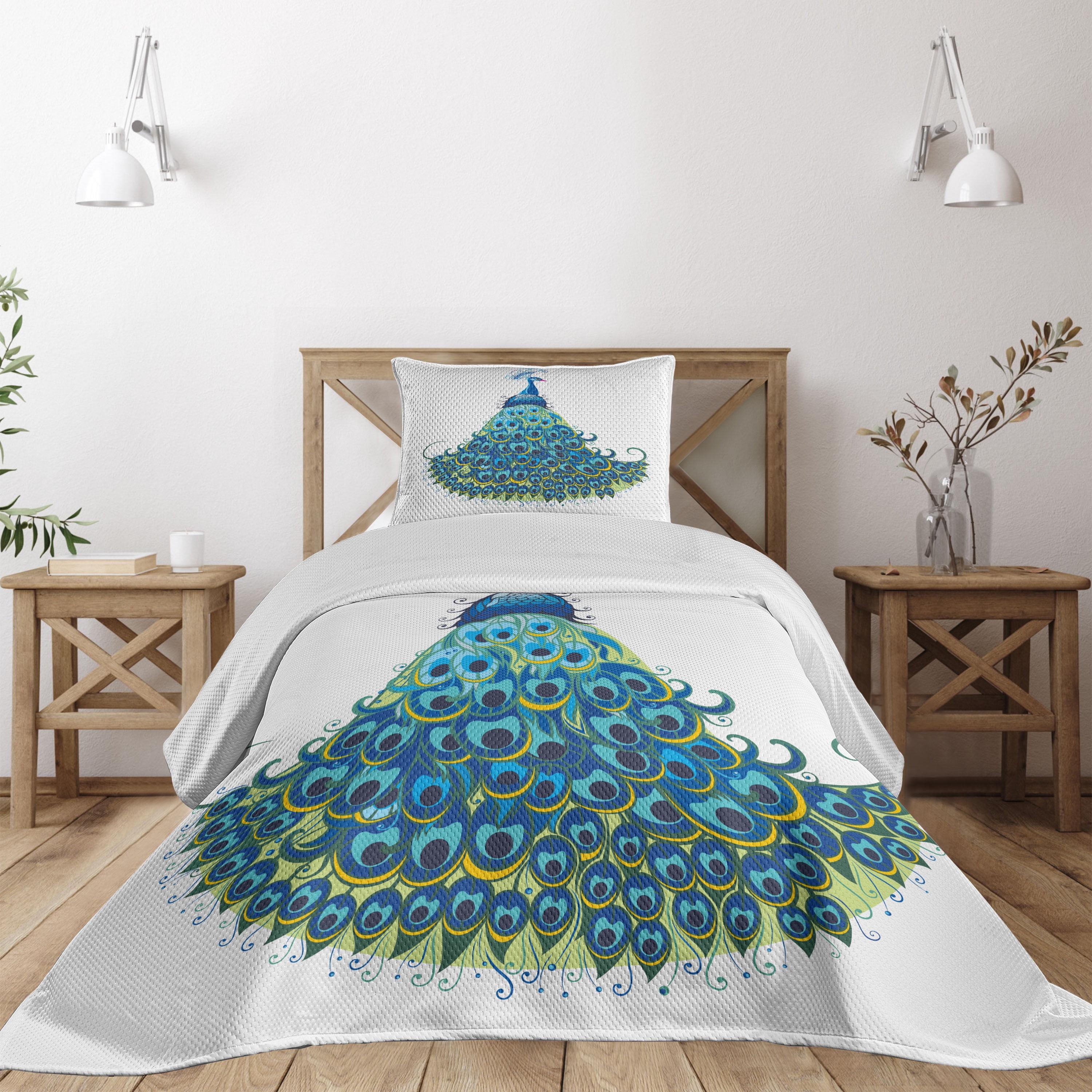 White Twin Quilted Bedspread Set with Peacock Design