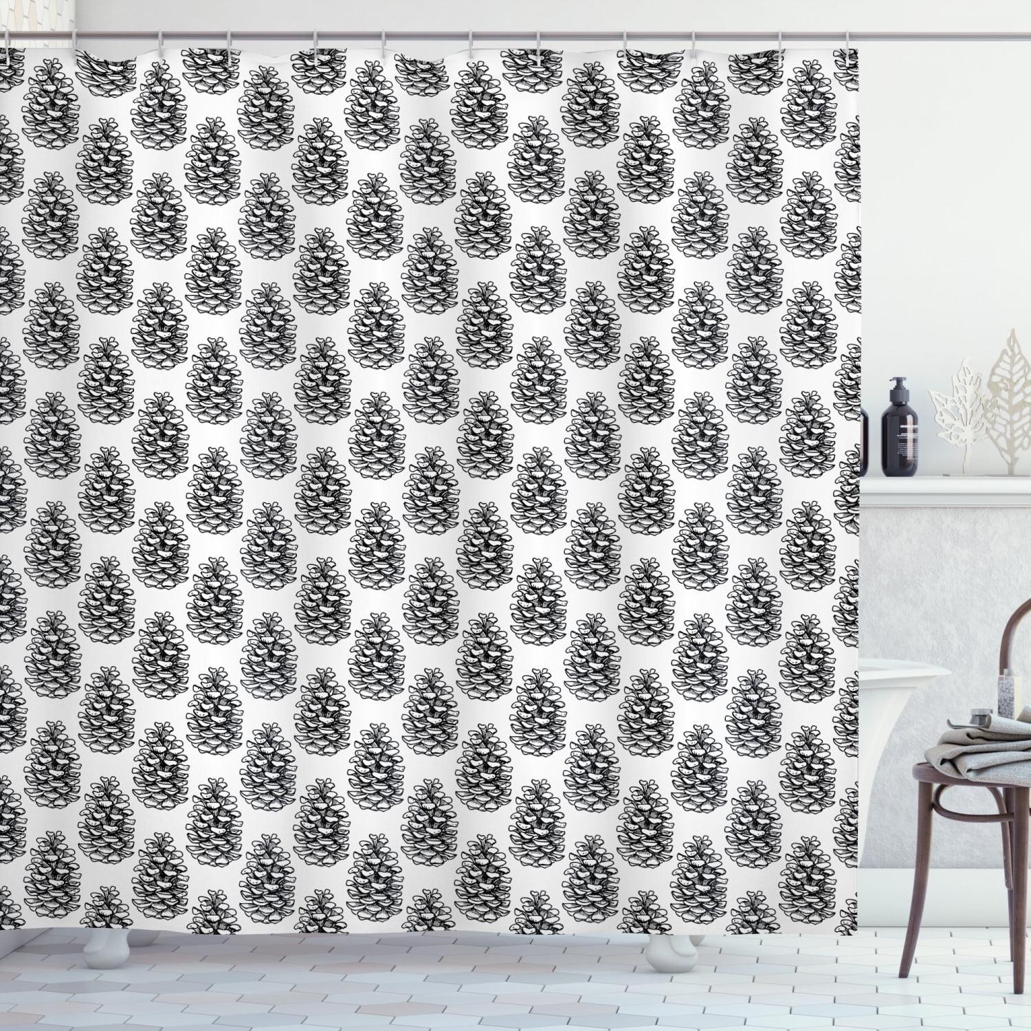 Black and White Pine Cone Fabric Shower Curtain with Hooks