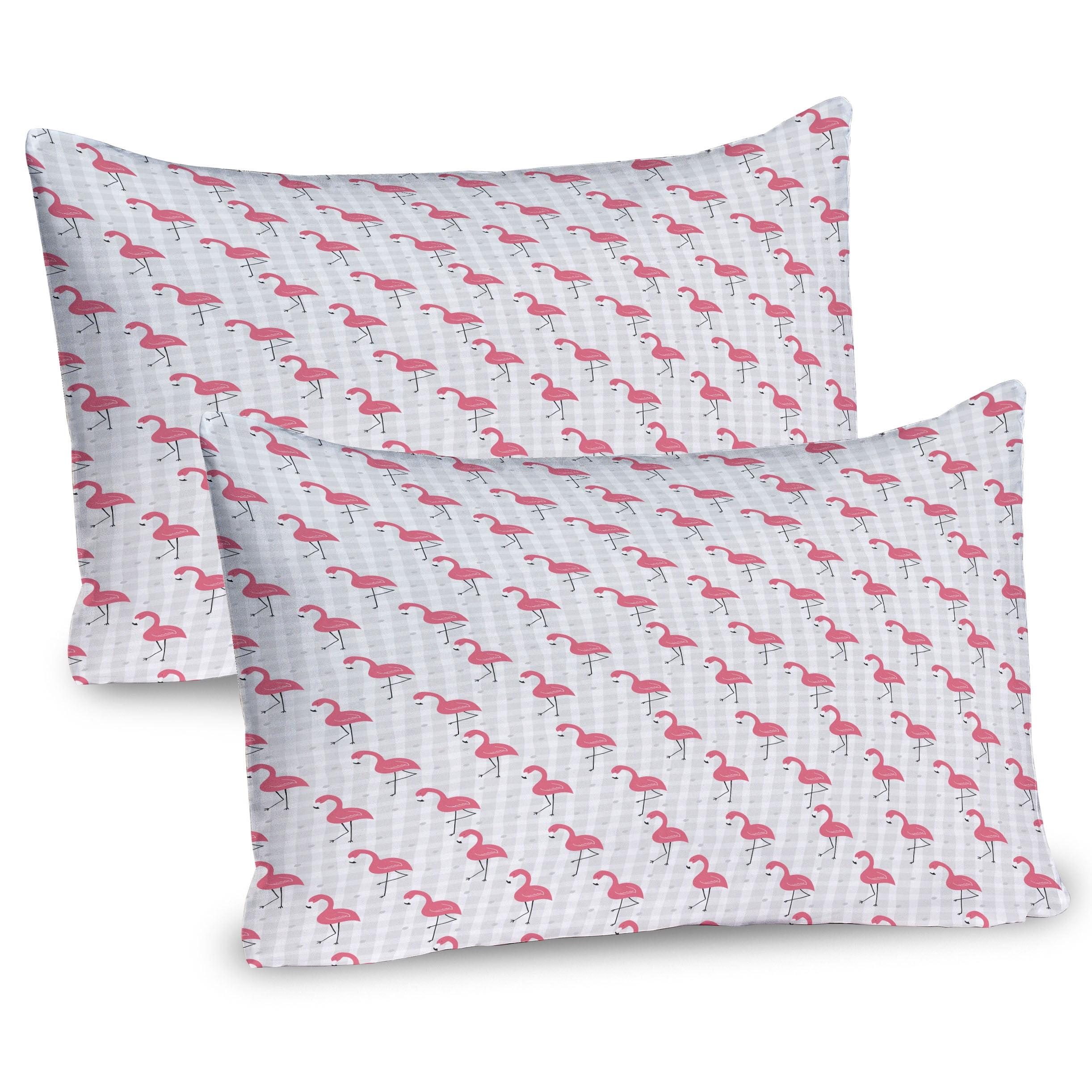 Ambesonne Pink Flamingo Pillow Sham 2 Pack Birds on Checkers Pale Grey Coral Black