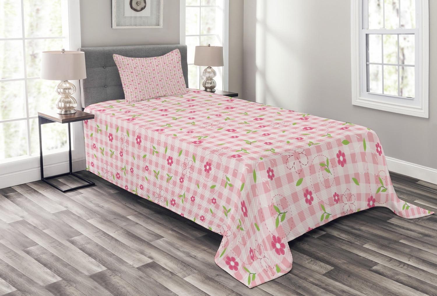 Pink and White Floral Checkered Twin Bedspread Set