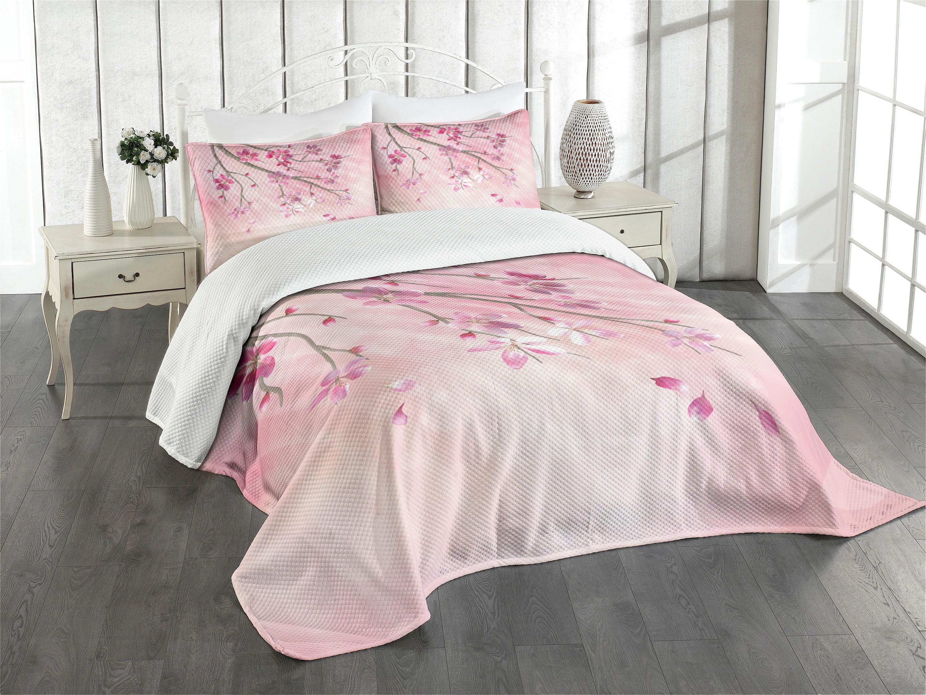 King Size Pink Quilted Bedspread Set with Floral Design