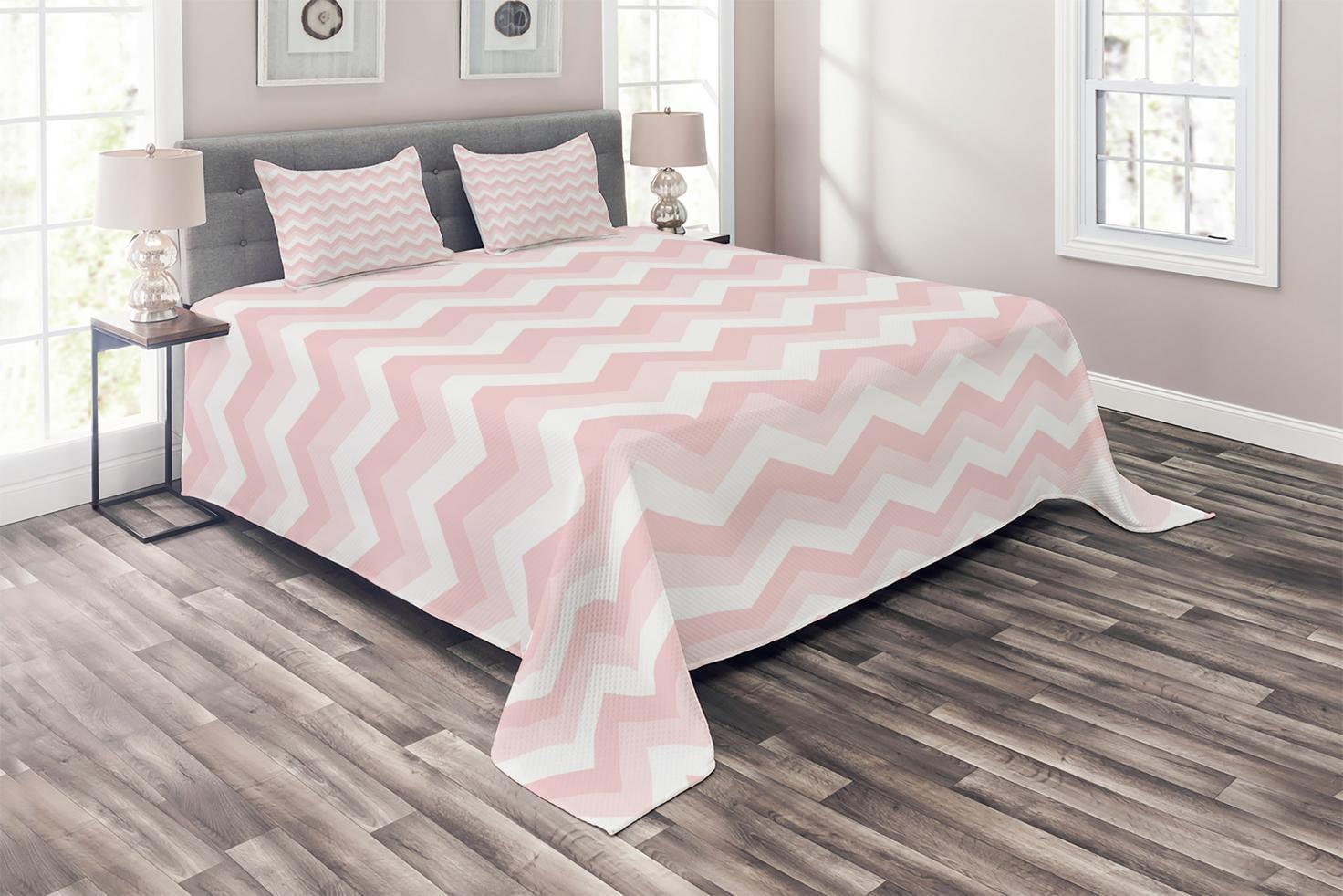 King Size Pink and White Chevron Quilted Bedspread Set