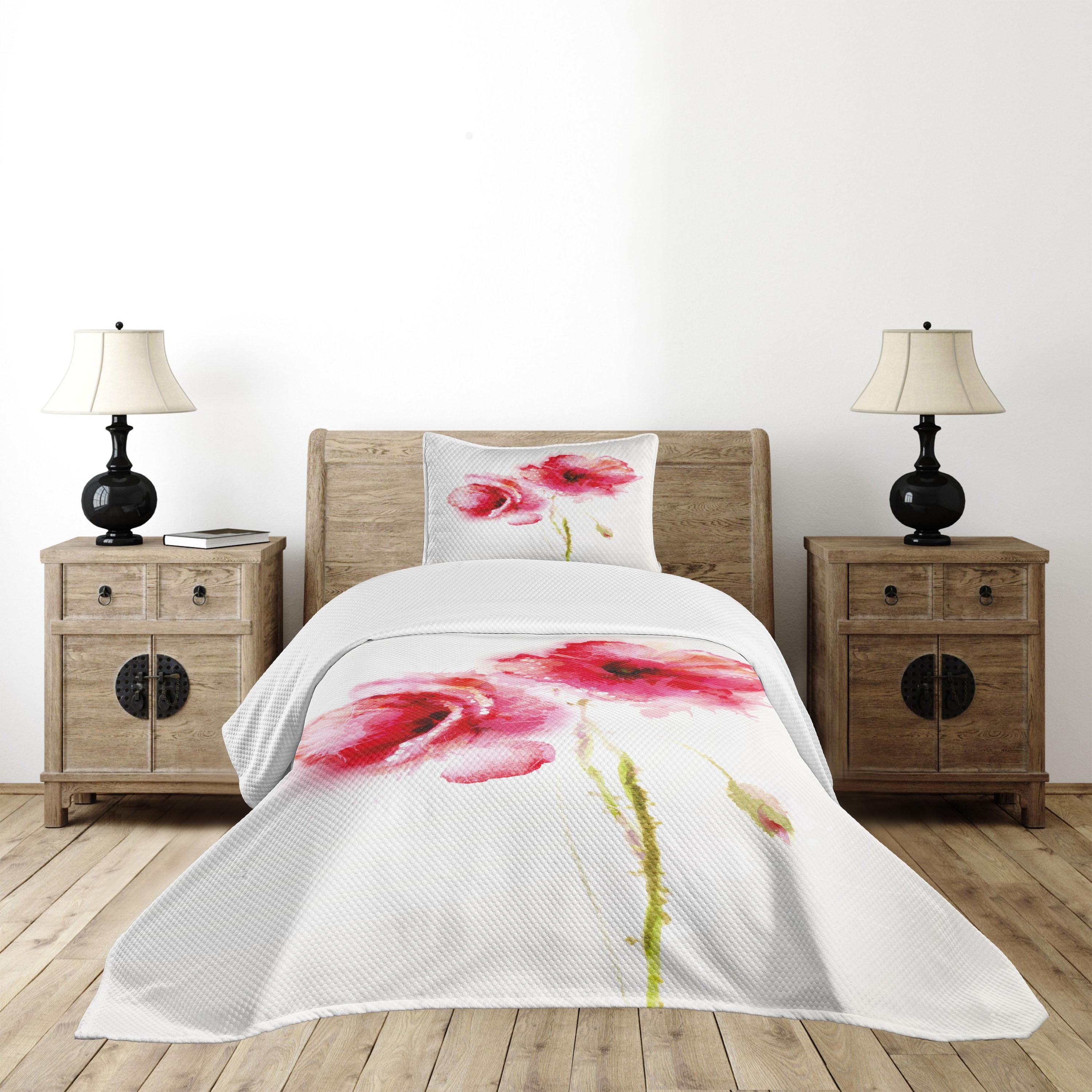 Pink Floral Twin Quilted Bedspread Set with Sham