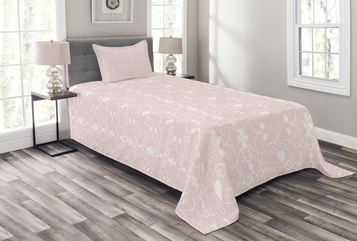 Ambesonne Pink and White Bedspread Set Retro Curving Lines White Blush