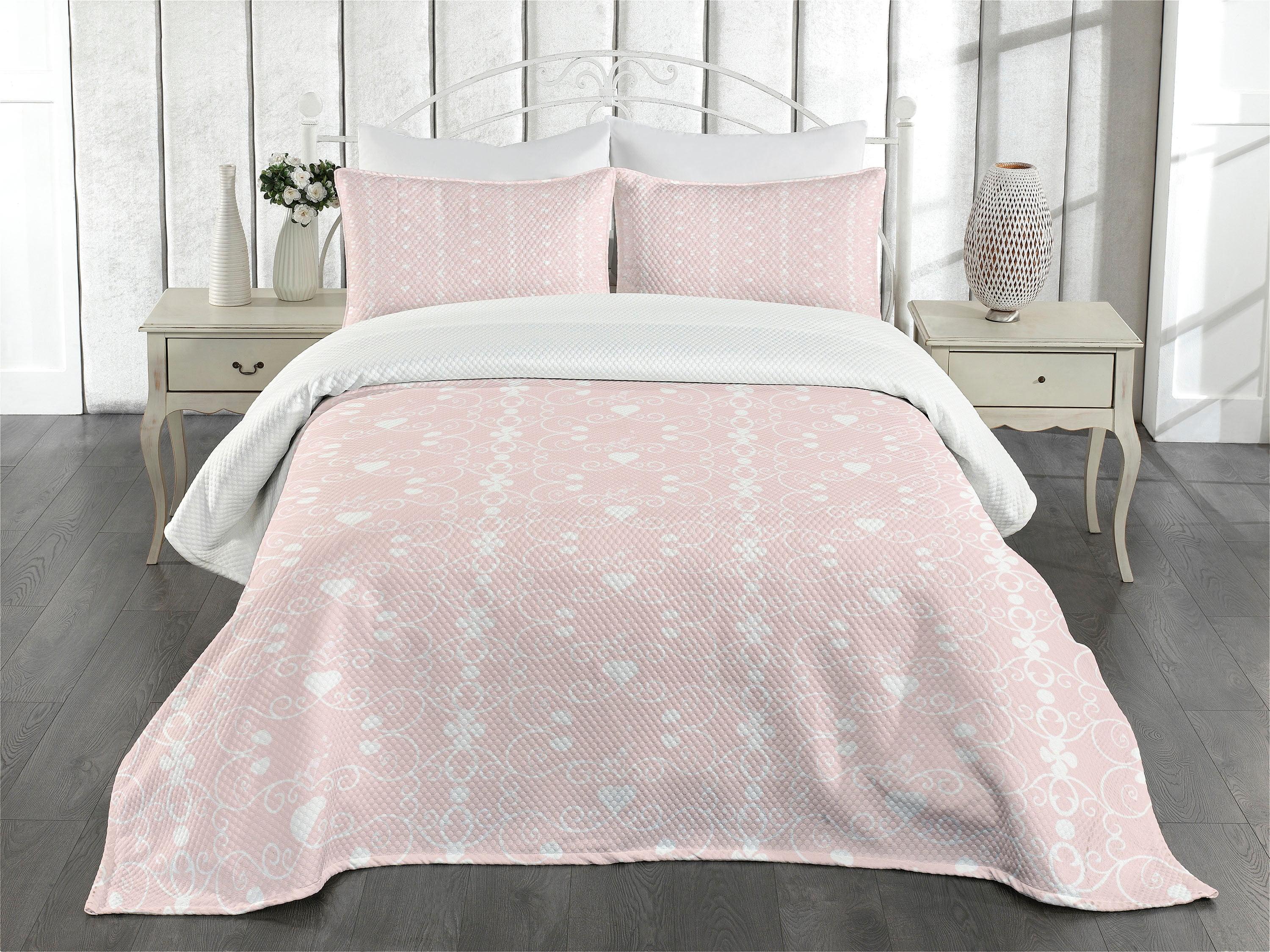 Ambesonne Pink and White Bedspread Set Retro Curving Lines White Blush