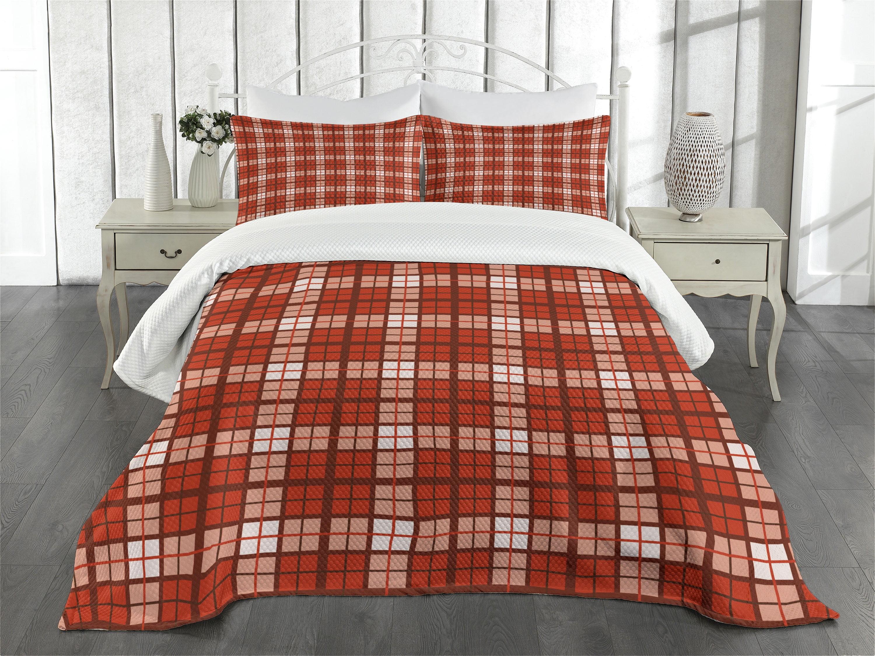 Ambesonne Ambesonne Plaid Bedspread Set Vintage Tartan Motif Vermilion White